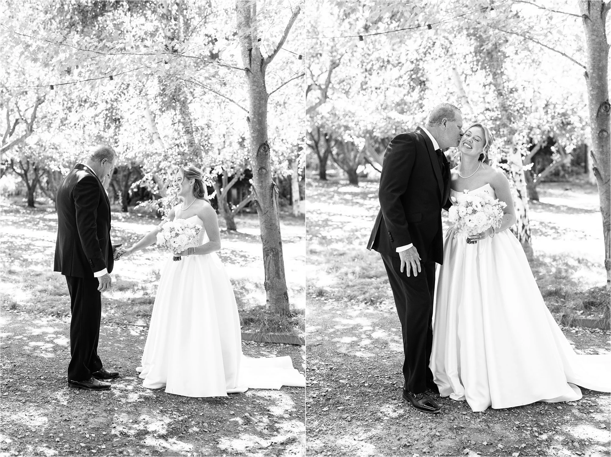 Black and white photos of Bride has first look with her dad and takes a portrait smiling at the camera