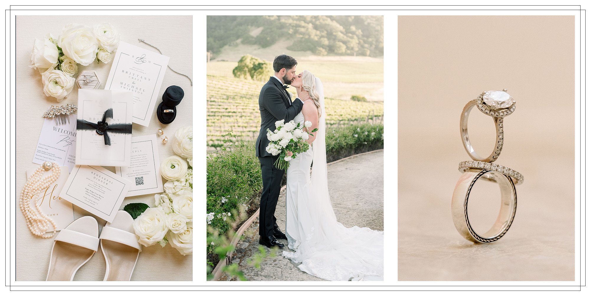 Clos la Chance Winery Morgan Hill Wedding with black and white details, bride and groom kissing, and wedding rings
