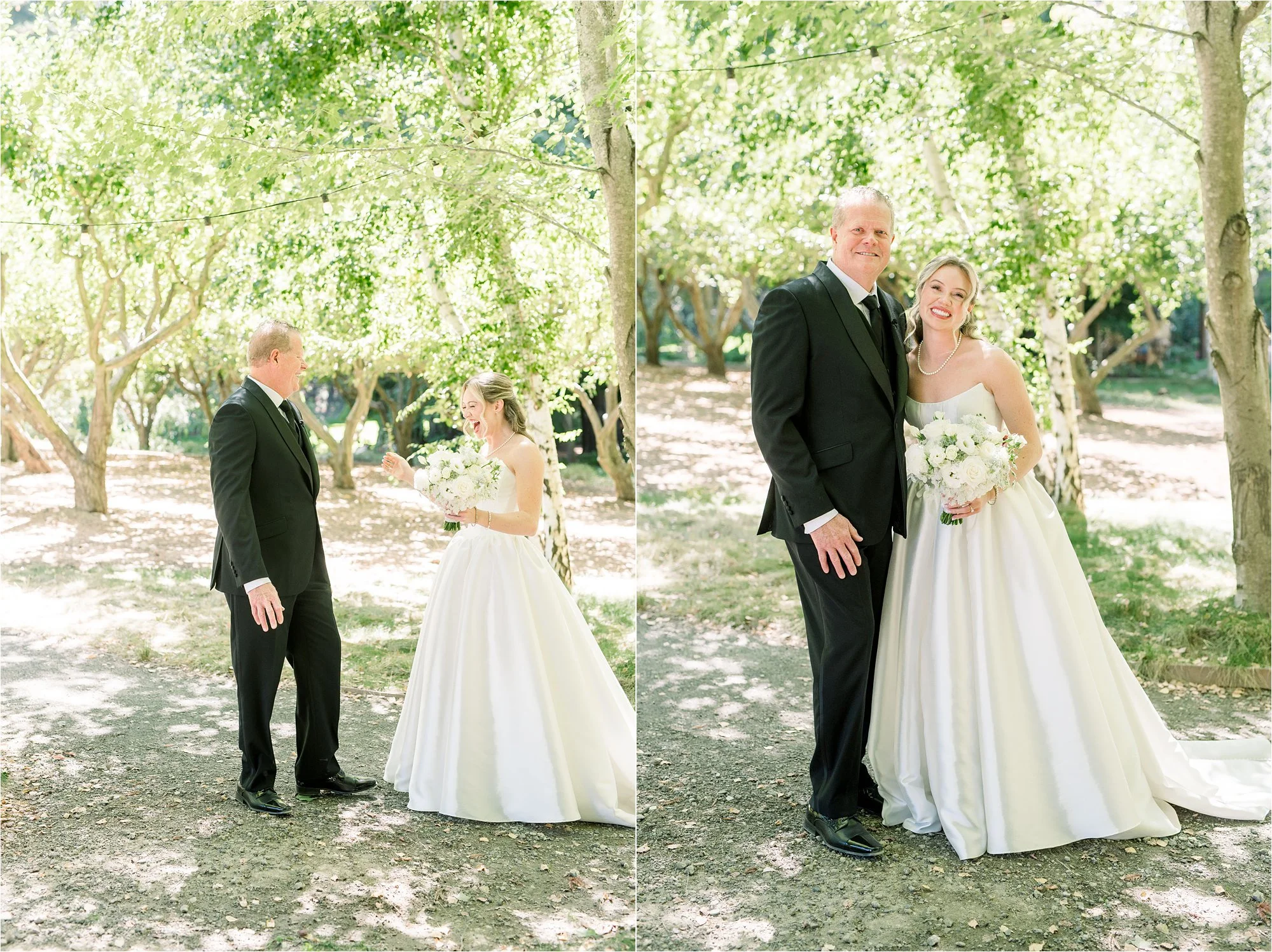 Bride has first look with her dad and takes a portrait smiling at the camera
