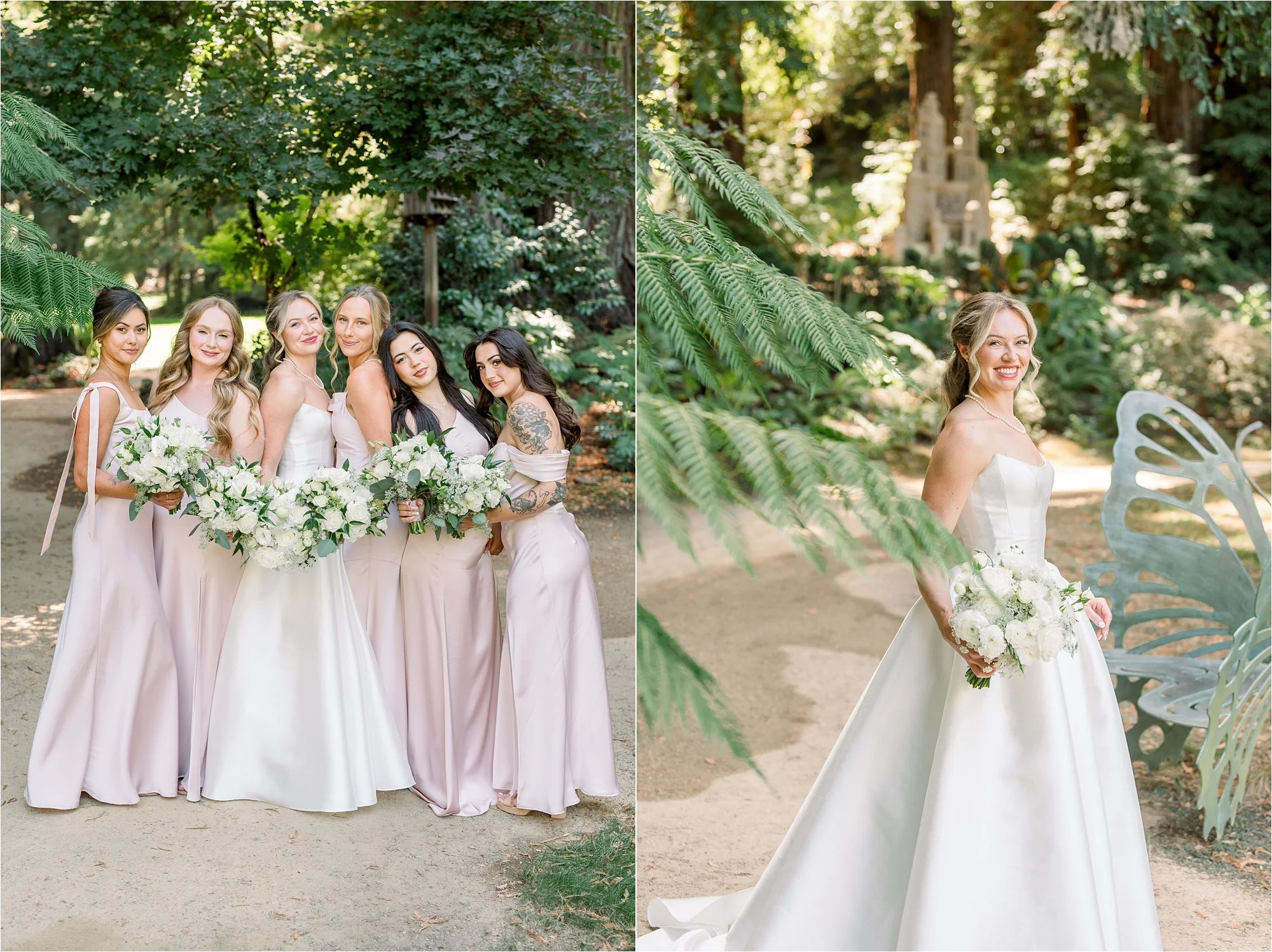 Bridesmaids wearing soft pink satin dresses smiling at the camera and Portrait of Alexandra alone