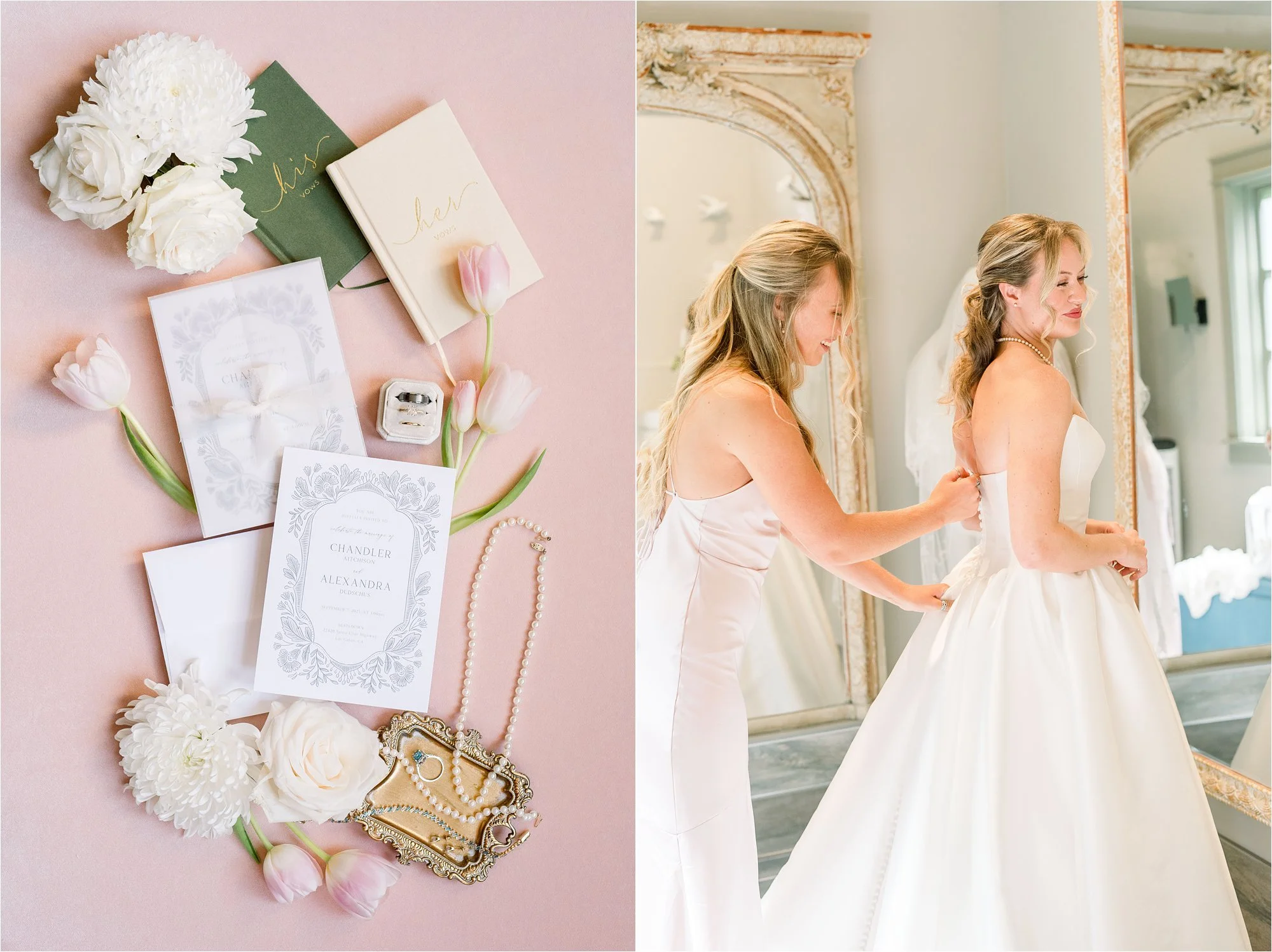 Pink invitation photo with bridal jewelry, wedding rings, and vow books surrounded by pink tulips and white roses. Bride getting dressed.