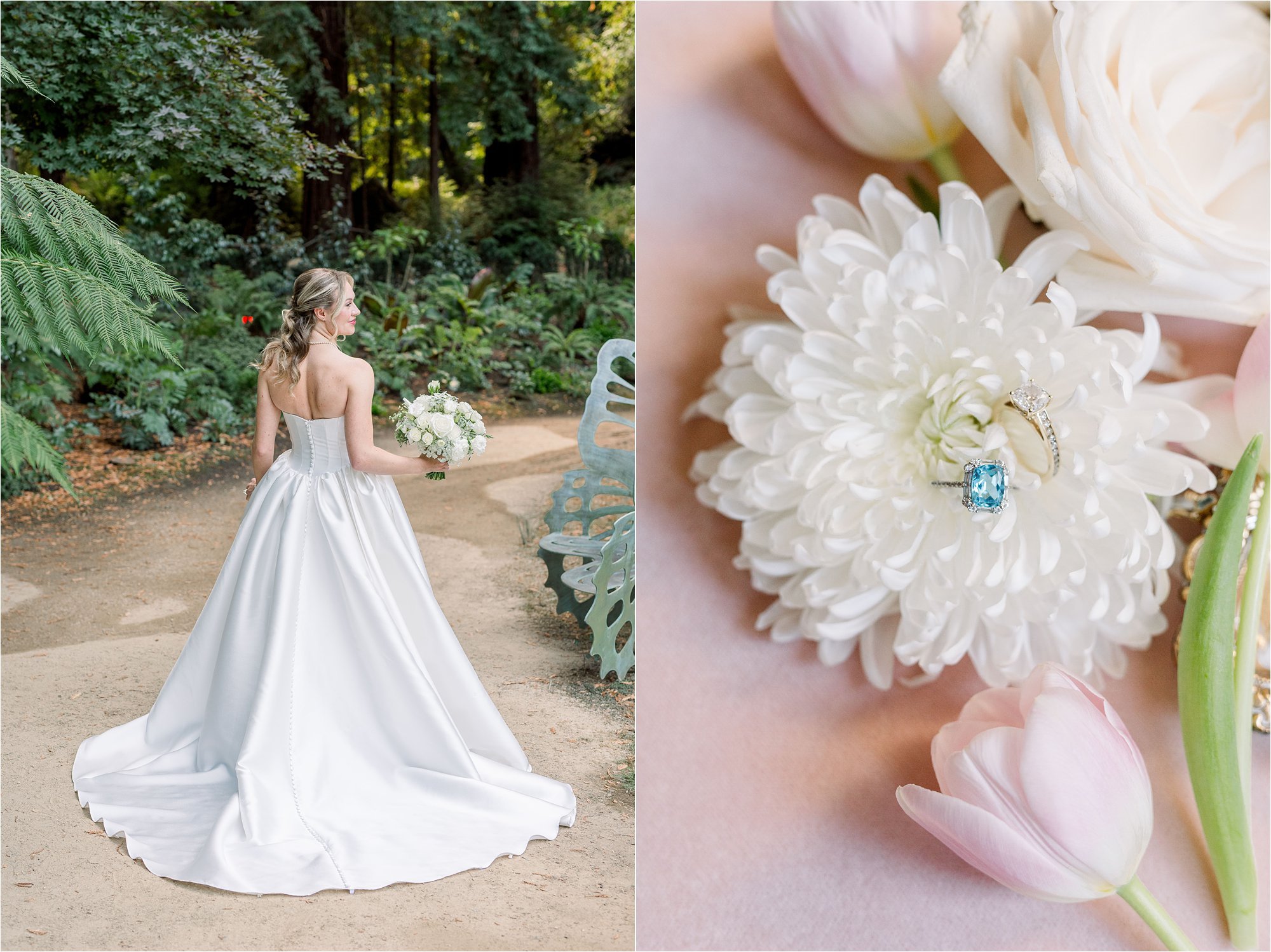 Photo of bride from behind, looking over her shoulder holding a bouquet of white flowers. Something blue ring and wedding band in white flower on a pink backdrop.
