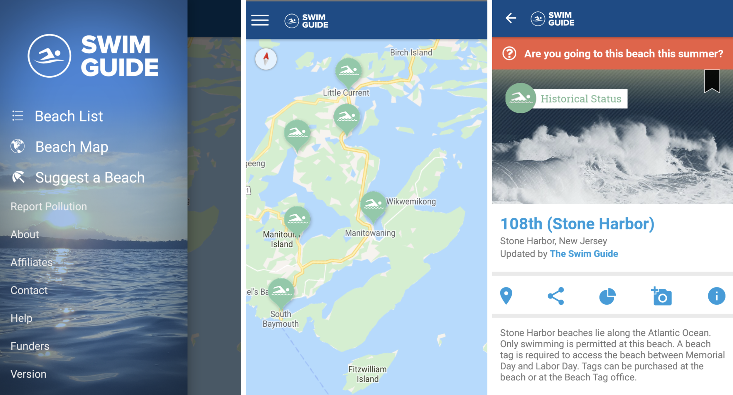Swim Guide mobile app: homepage, beach pages &amp; map
