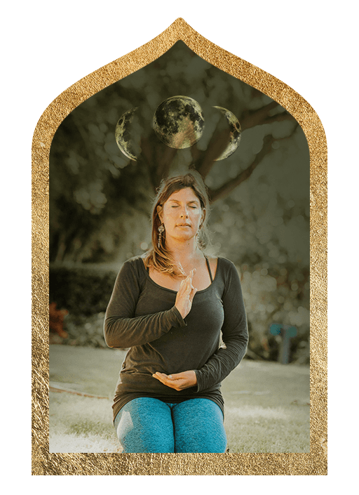 A woman practicing meditation in an outdoor setting, with moon phases and a full moon in the background, framed by a golden arch.