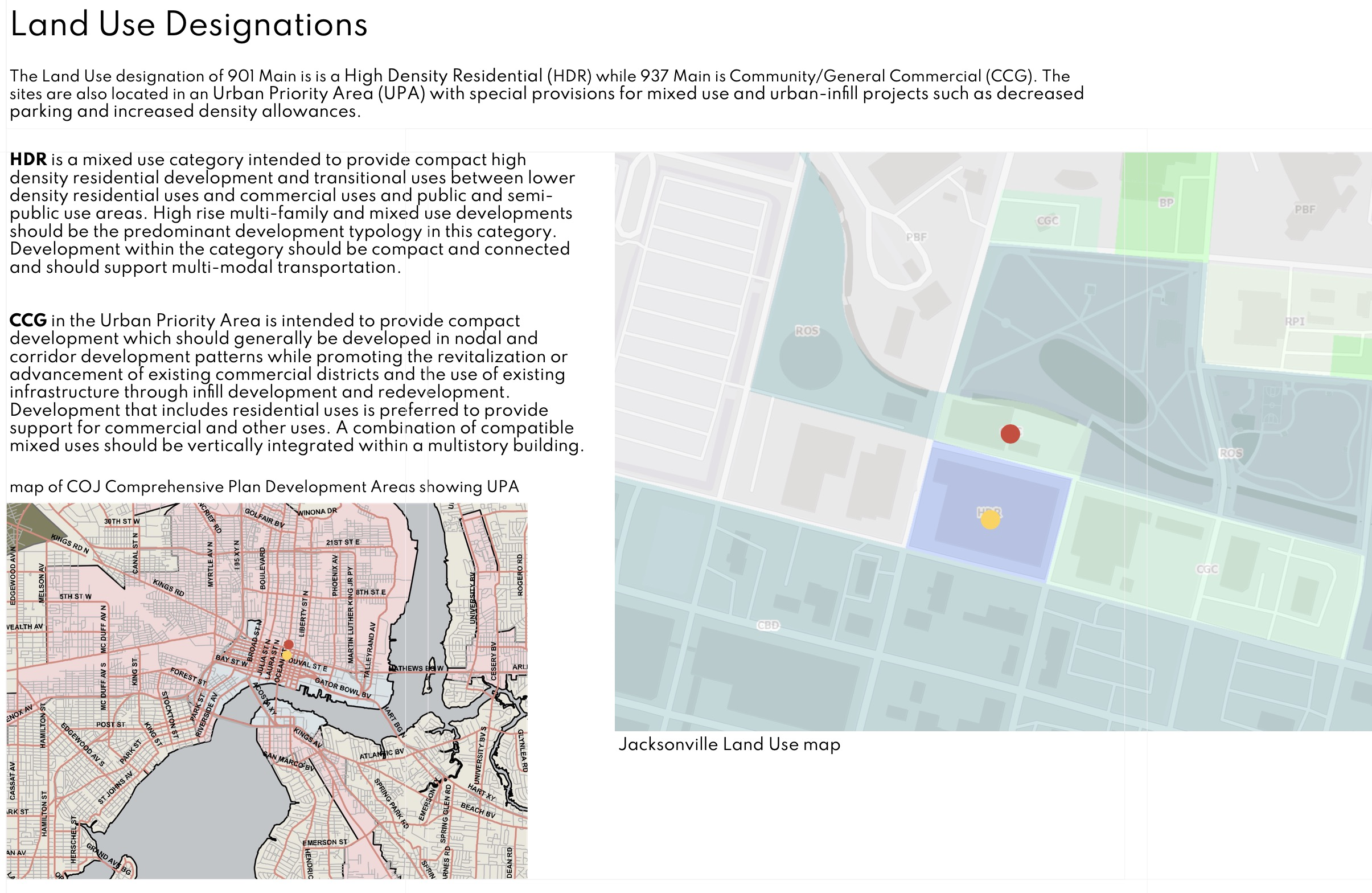 Map and text explaining land use designations in Jacksonville, featuring High Density Residential (HDR) and Community/General Commercial (CCG) areas, with highlighted Urban Priority Area (UPA). Includes a map of comprehensive plan development areas."}