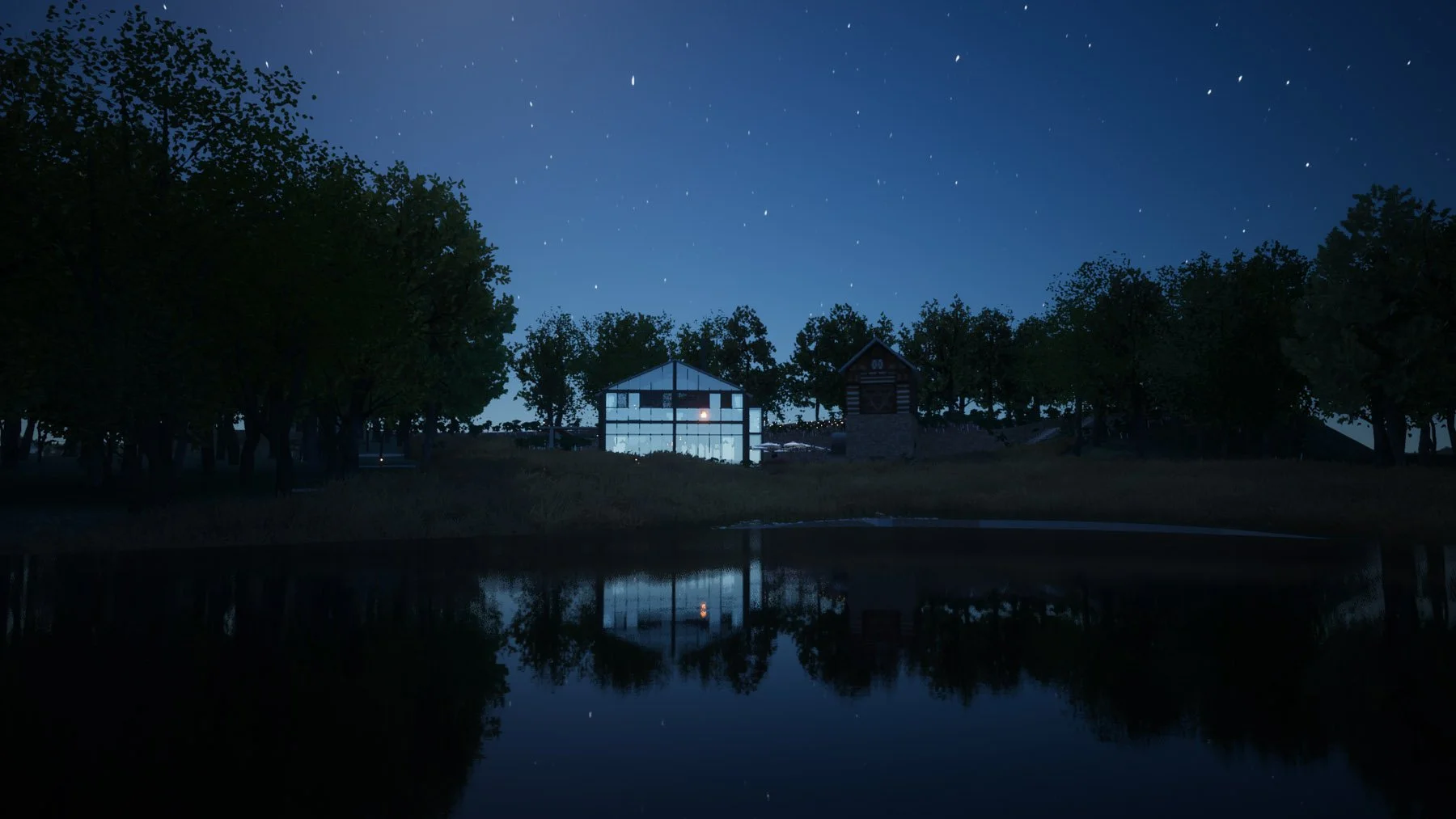Modern glass house and cabin beside a lake under a starry night sky.