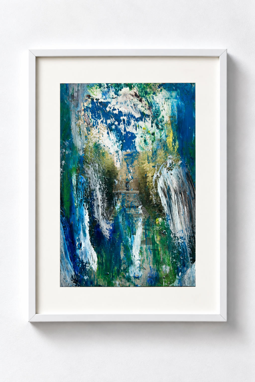 Abstract colorful painting with blue, white, green, and yellow brushstrokes in a white frame.