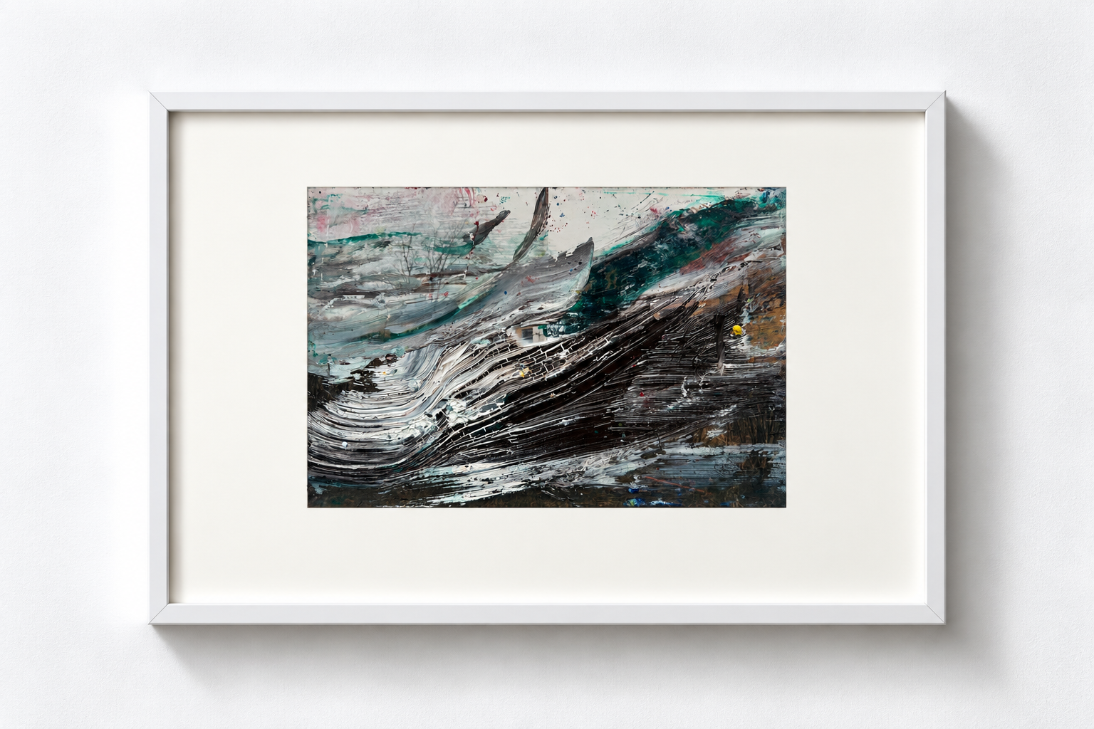 Abstract painting with black, white, gray, teal, and brown brushstrokes in a white frame.