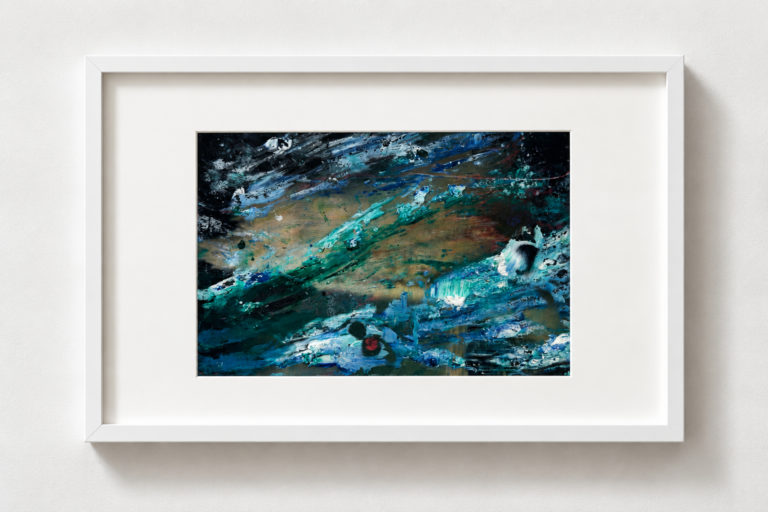 Abstract painting with swirls of black, blue, and beige colors framed in white, hanging on a light-colored wall.