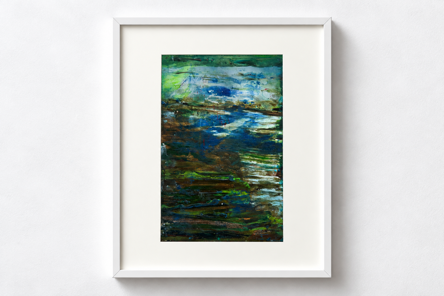 Abstract watercolor painting with shades of green, blue, and brown, framed in white.