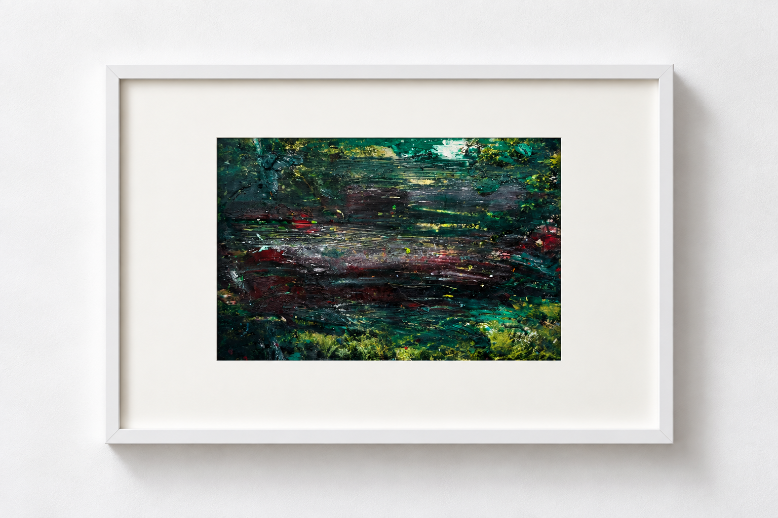 Abstract landscape painting with dark green, red, and yellow colors, framed in white on a white wall.
