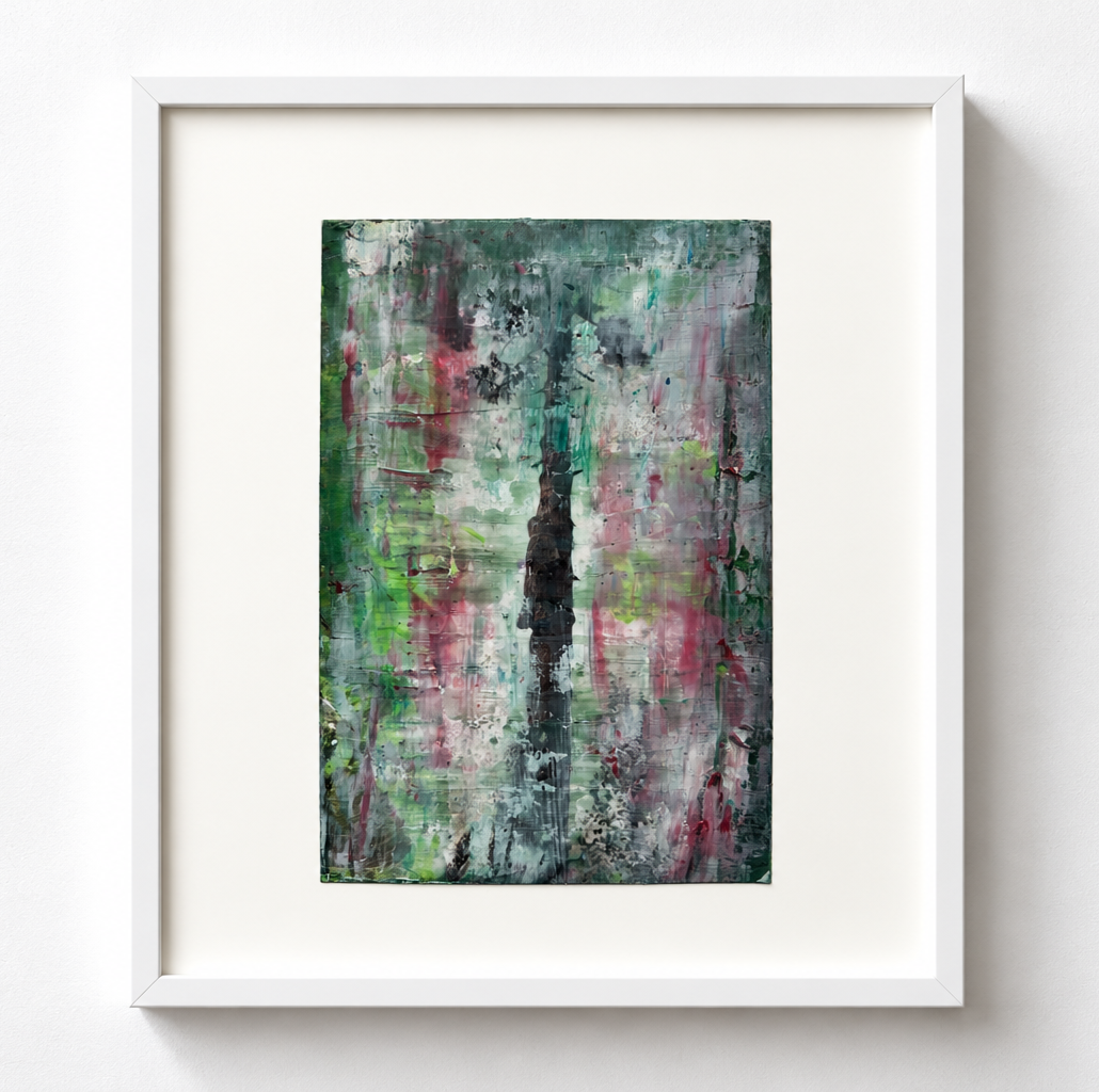 Abstract painting with green, pink, black, and white colors in a white frame hanging on a white wall.