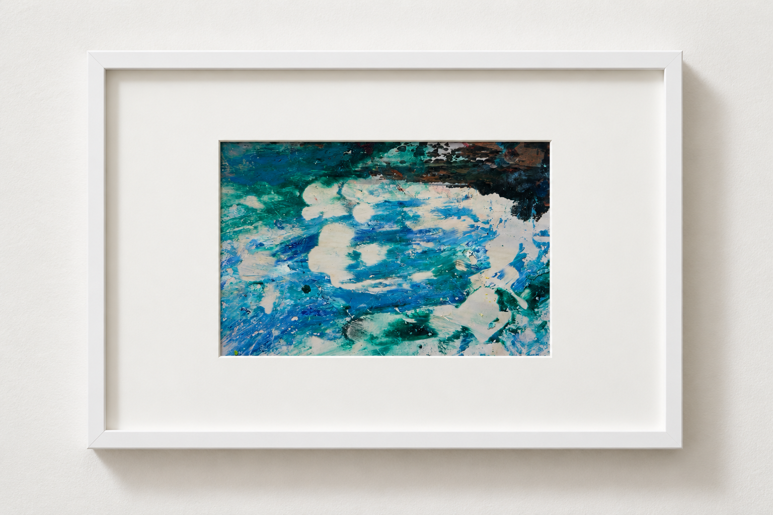 Abstract watercolor art with blue, green, black, and white splashes in a white frame.