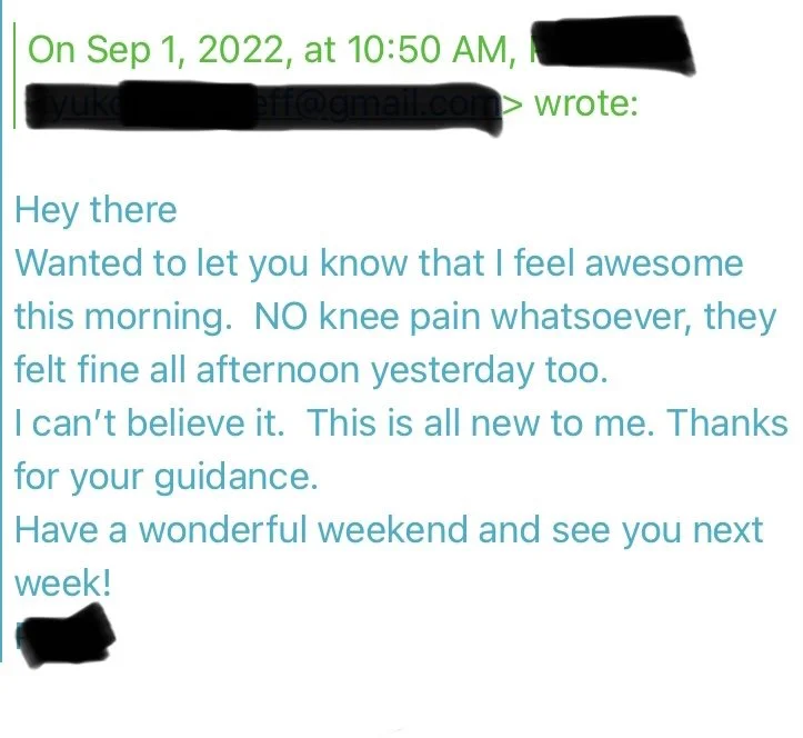 Screenshot of an email message with green and blue text, dated September 1, 2022, at 10:50 AM. The email talks about feeling good, no knee pain, and plans for the weekend.