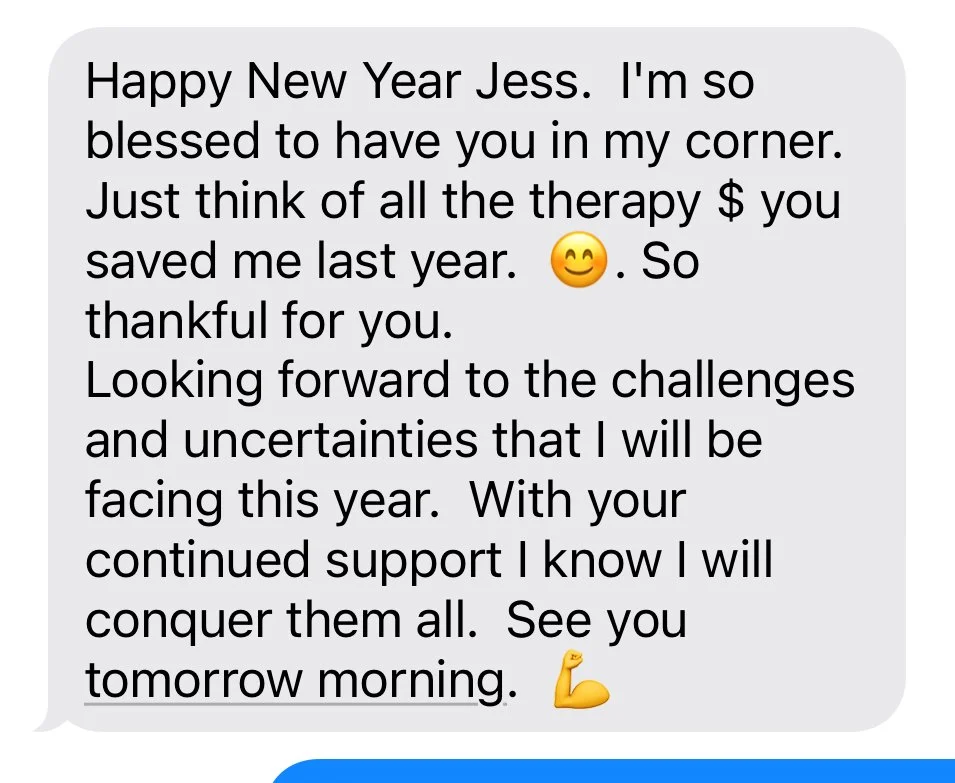 Text message with New Year's wishes and gratitude, mentioning therapy, support, and optimism for the year ahead.