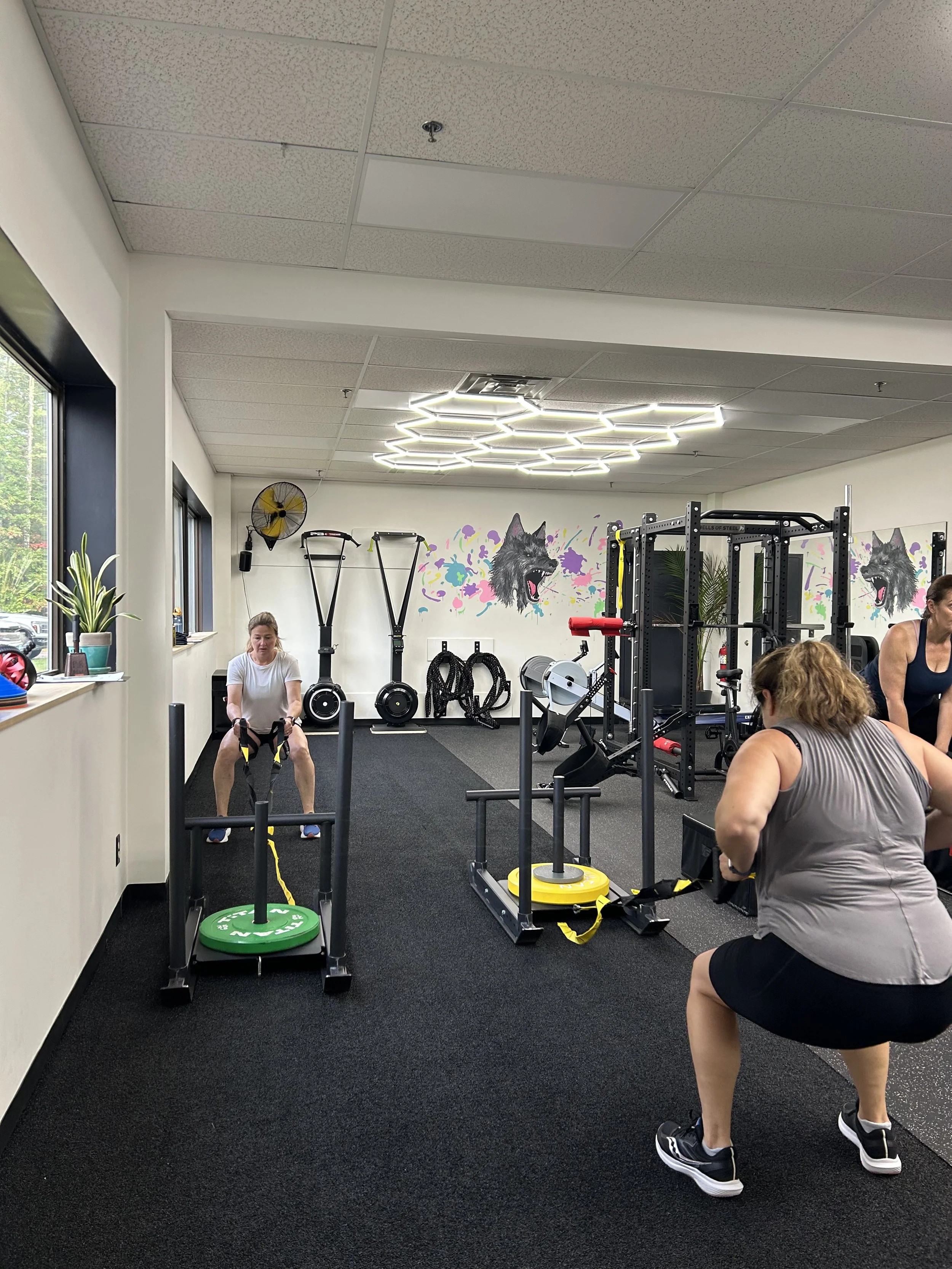 Women working out in a gym with various fitness equipment, including sleds, resistance bands, and a squat rack, with a wolf mural on the wall in the background.