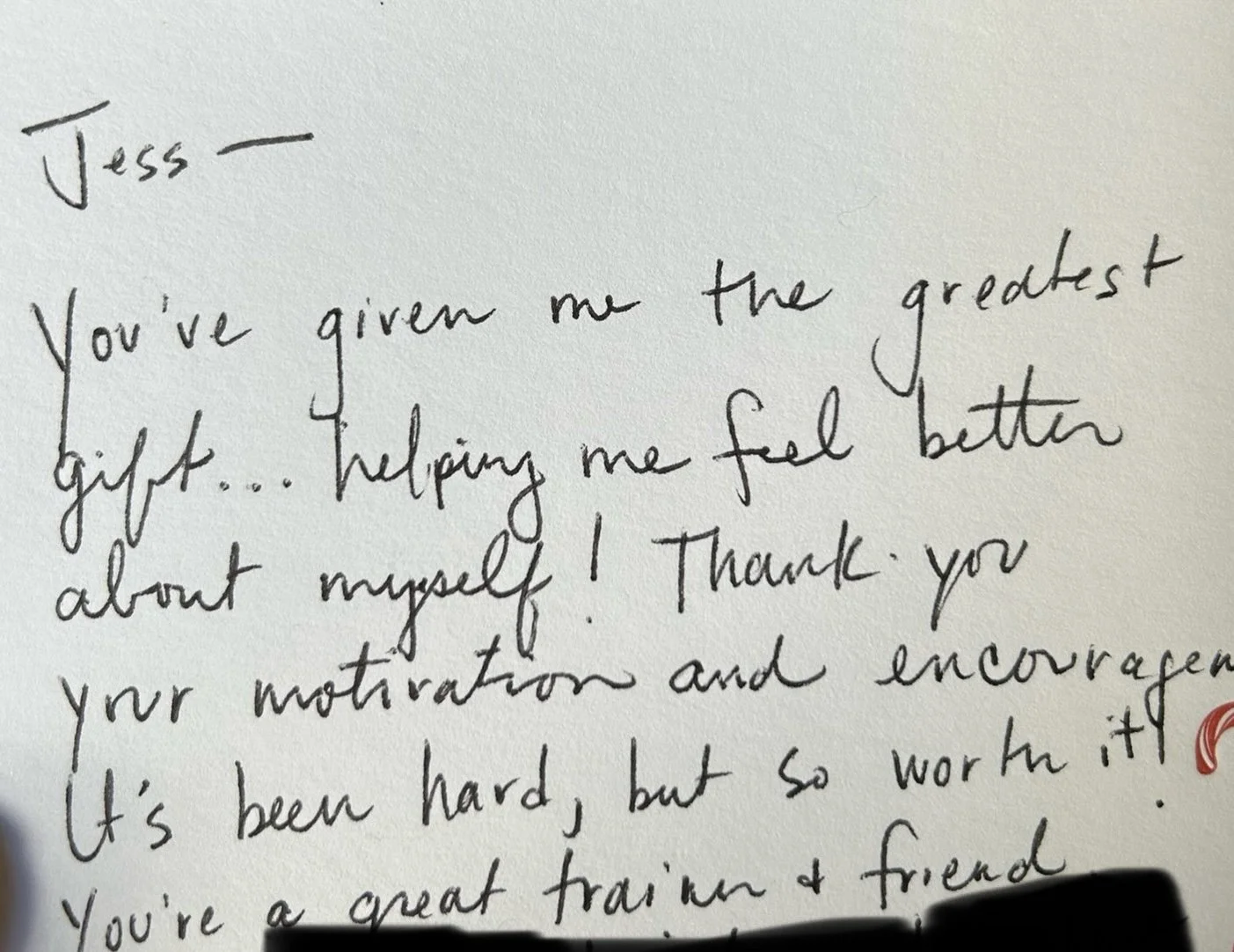 Handwritten note expressing gratitude and encouragement, signed by Jess.