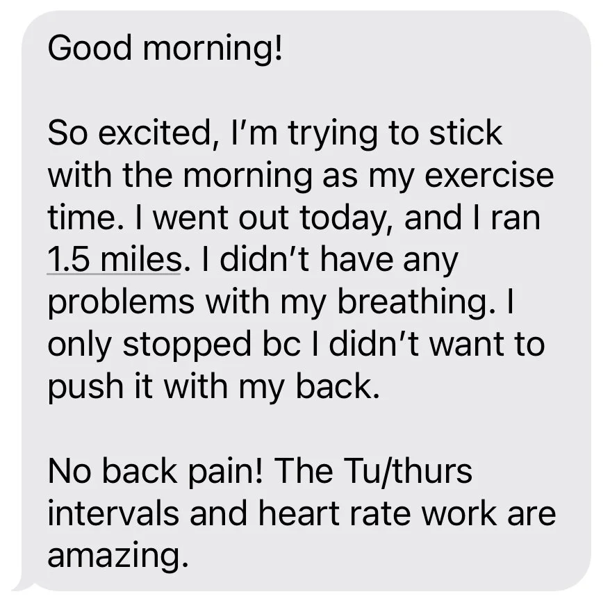 Text message about morning exercise, running 1.5 miles, breathing, and heart rate workouts, with a positive tone.