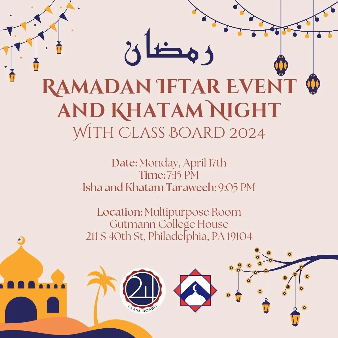 Salaam everyone! We will be having an iftar event in collaboration @upenn24 , happening on Monday, April 17th at the Multipurpose Room in Gutmann College House. Please make sure to fill out the Eventbrite at the Linktree in our bio.

We will also be 
