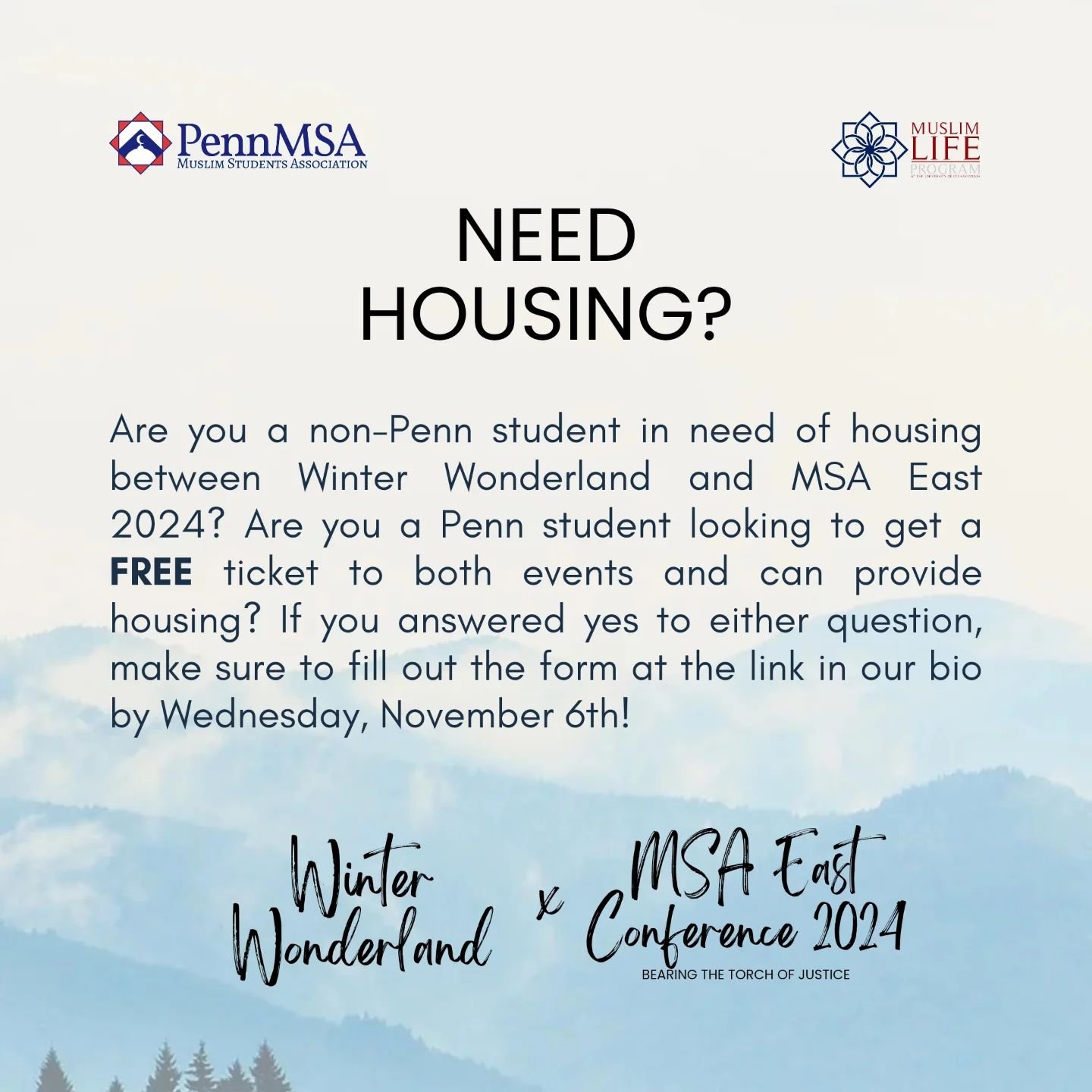 Salaam everyone, 

Are you a non-Penn student in need of housing between Winter Wonderland and MSA East 2024? Are you a Penn student looking to get a FREE ticket to both events and can provide housing? If you answered yes to either question, make sur