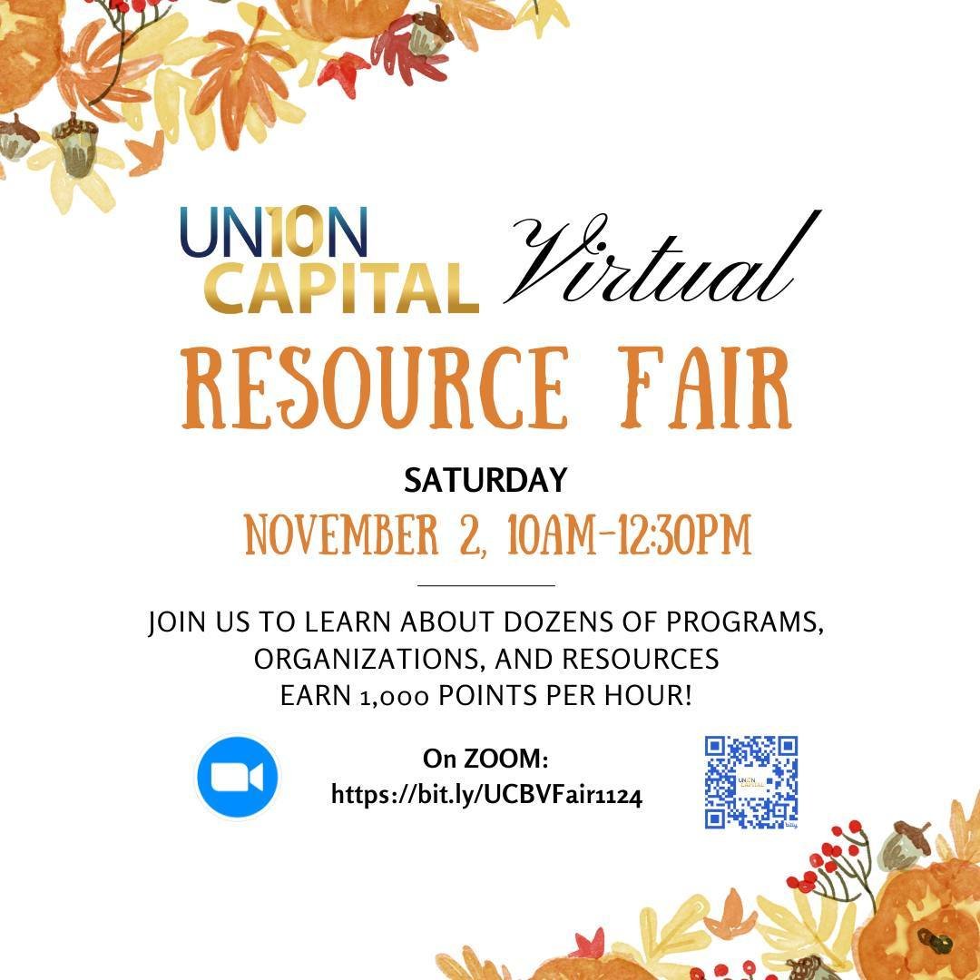 📢 Reminder: Our Virtual Resource Fair is this Saturday, November 2nd, from 10 AM to 12:30 PM!

🌟 Join us on Zoom to explore a range of programs, organizations, and resources. Plus, earn 1,000 points per hour for participating!

🔗 Join here: https: