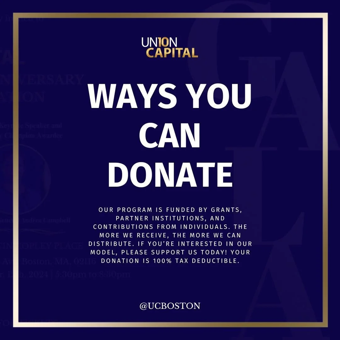 💙 Way to Donate 💙 Our mission at Union Capital is powered by the generosity of grants, partner institutions, and supporters like you. Every dollar we receive strengthens our ability to serve and uplift communities. If you believe in our model and w