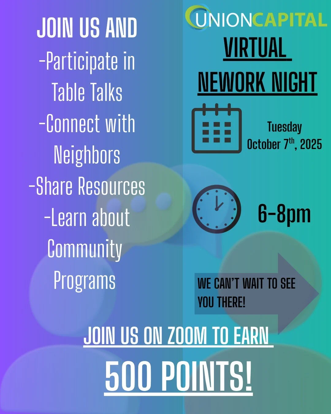 Come and join us for our upcoming network night tonight!
Strengthen your connections through SHARING RESOURCES, meeting others in your COMMUNITY, and learn about PROGRAMS! 🗣️
New to Union Capital?
Join us to get those POINTS up and build SOCIAL CAPI
