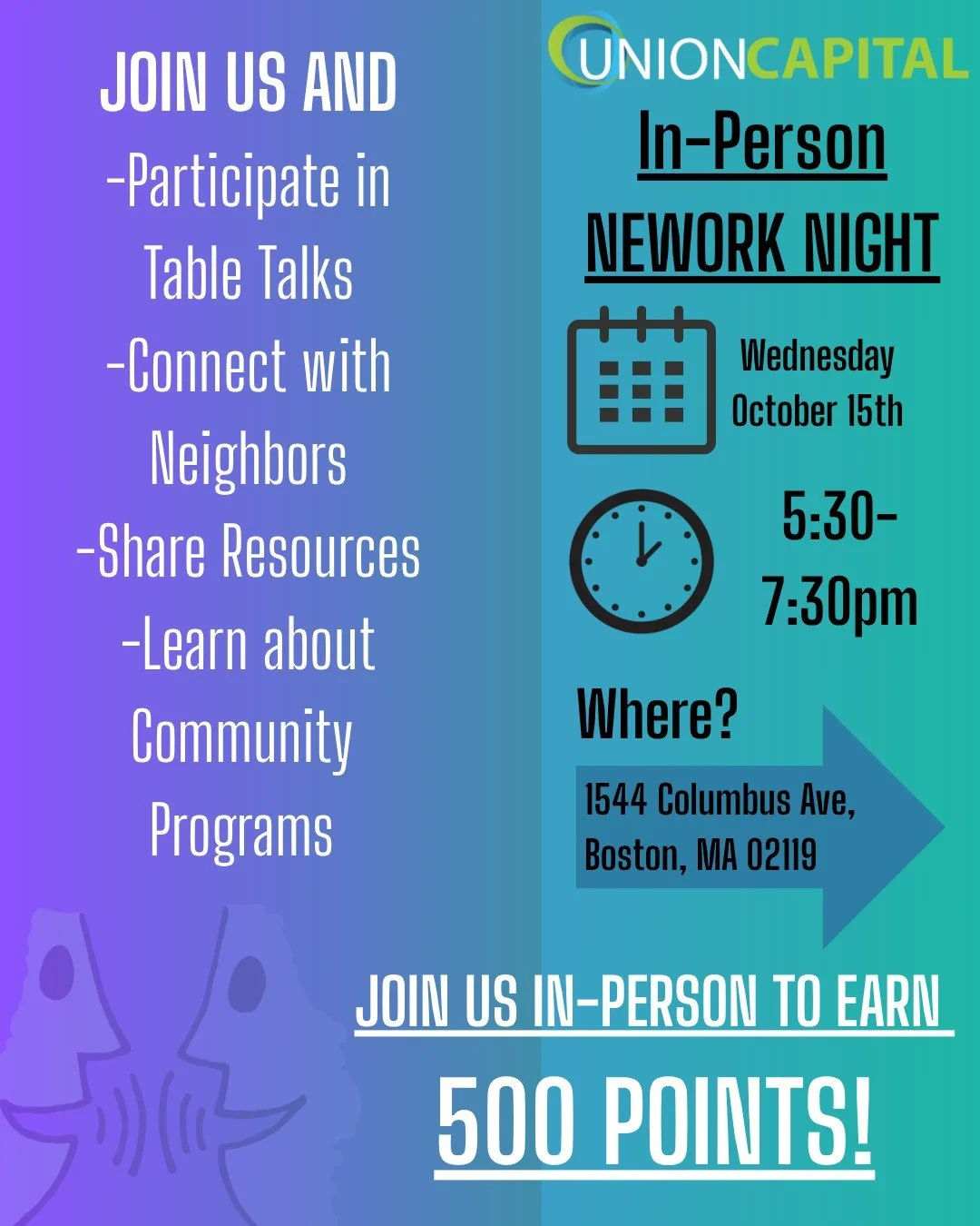 Come and join us for our upcoming network night tonight!
Strengthen your connections through SHARING RESOURCES, meeting others in your COMMUNITY, and learn about PROGRAMS! 🗣️
New to Union Capital?
Join us to get those POINTS up and build SOCIAL CAPI