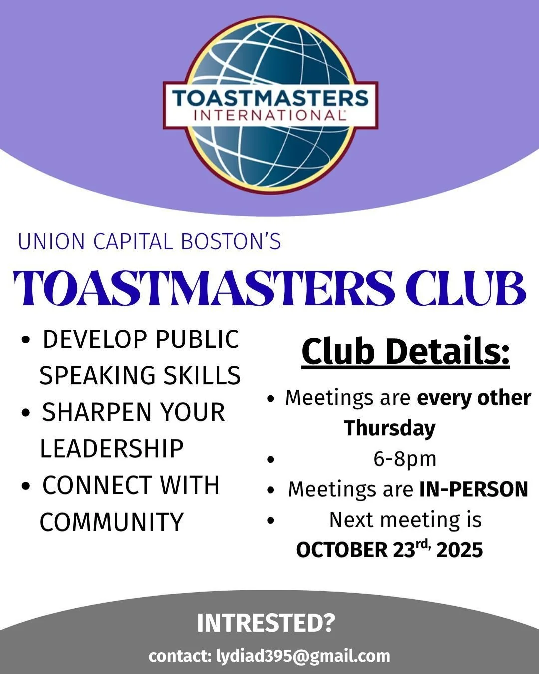 Join Union Capital Boston&rsquo;s Toastmasters Club!
Where members come together to practice public speaking, build leadership skills, and uplift one another&rsquo;s voices. 🎙️
Confidence starts here. 🆙 
#UnionCapitalBoston #Toastmasters #Leadershi
