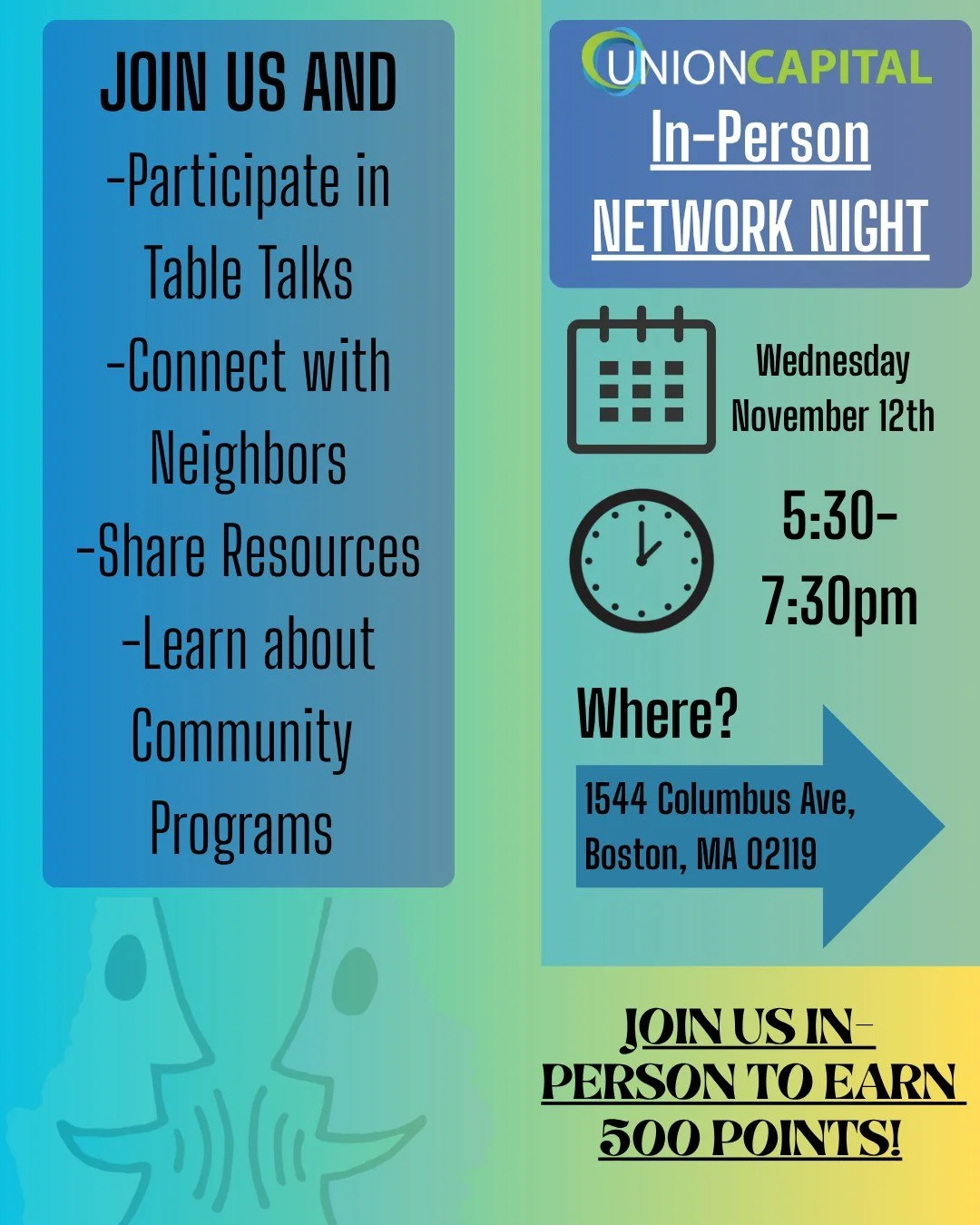 Come and join us for our upcoming network night tonight!
Strengthen your connections through SHARING RESOURCES, meeting others in your COMMUNITY, and learn about PROGRAMS! 🗣️
New to Union Capital?
Join us to get those POINTS up and build SOCIAL CAPI