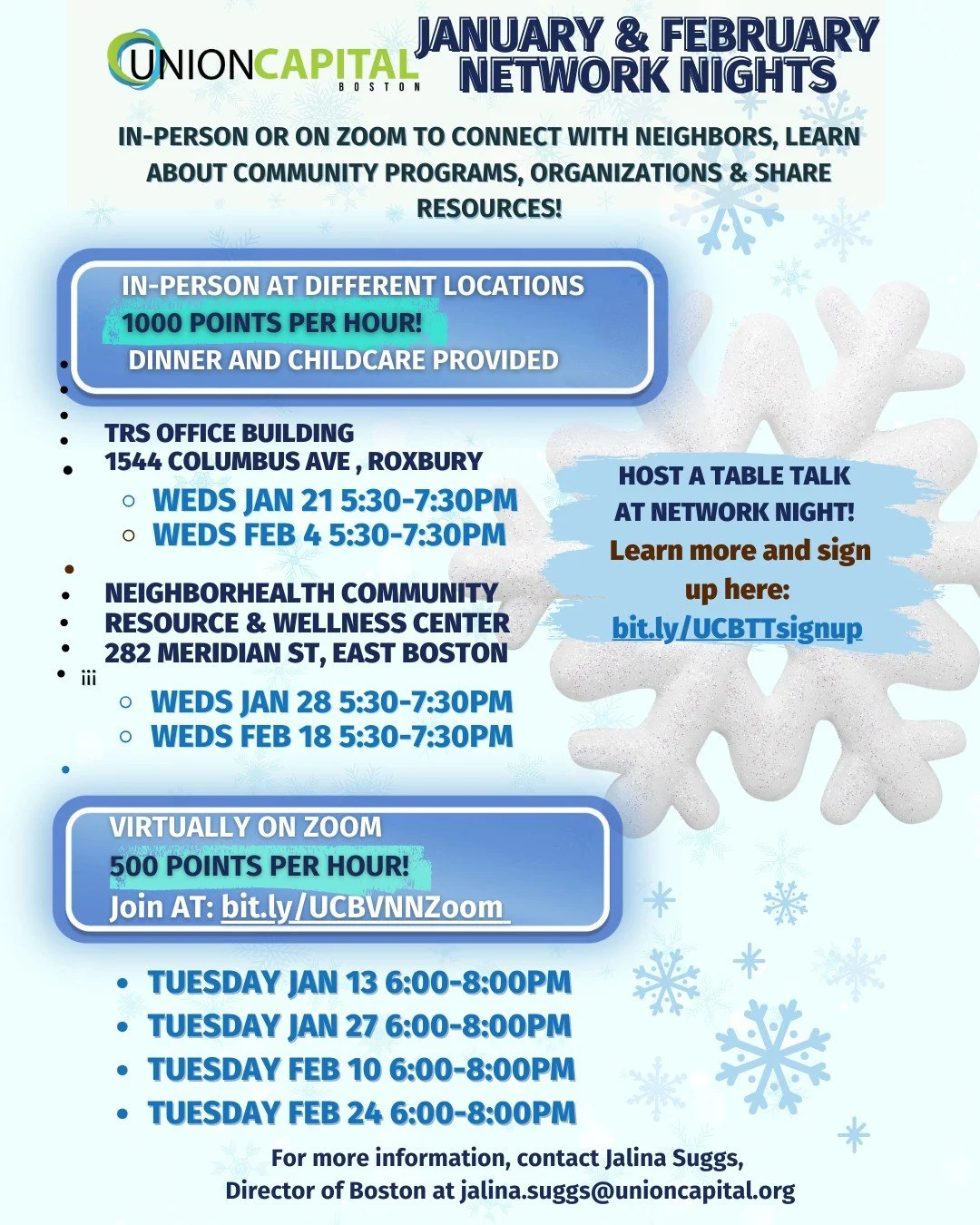 The Winter Network Nights schedule is here. We hope to see you at one of the upcoming dates. Network Nights are held in-person and virtually. Interested in hosting a Table Talk during one of these nights? Submit your topic here: bit.ly/UCBTTsignup
