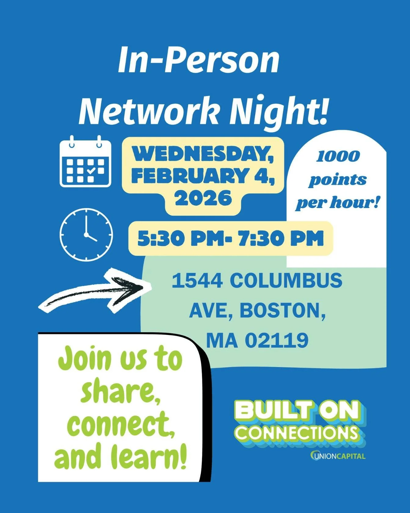 Networking, but make it in-person 🤝 ✨️ 

Join us for an In-Person Network Night! Come share ideas, connect with others, and learn new things. Plus, you will receive 1000 points per hour!

📍 1544 Columbus Ave, Boston, MA 02119 
⏰️ 5:30 pm- 7:30 pm

