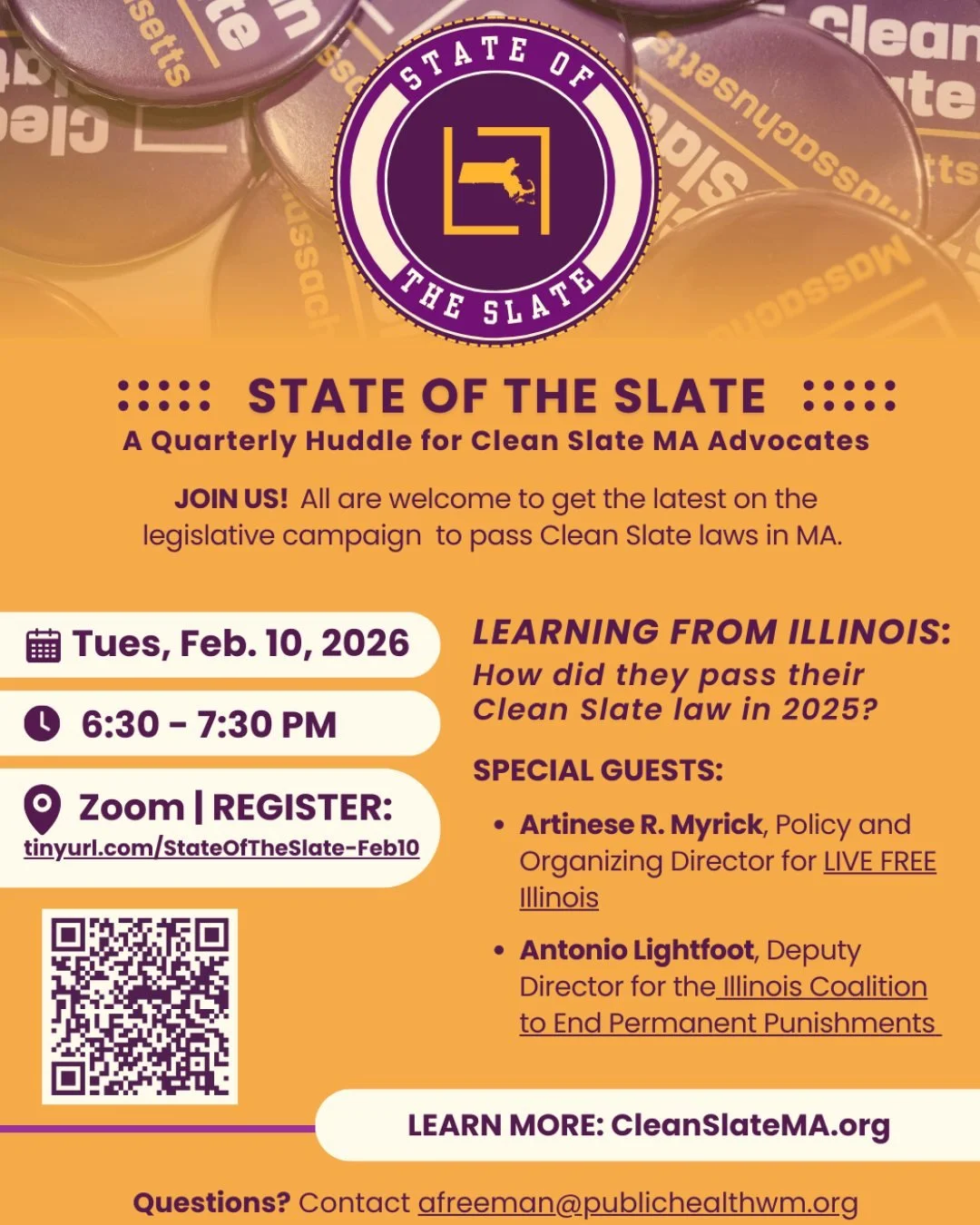 Join State of the Slate and special guests TONIGHT to learn about Massachusetts' Clean State laws! 

Register on Zoom with the QR code or link. 

📅 February 10, from 6:30 pm to 7:30 pm!