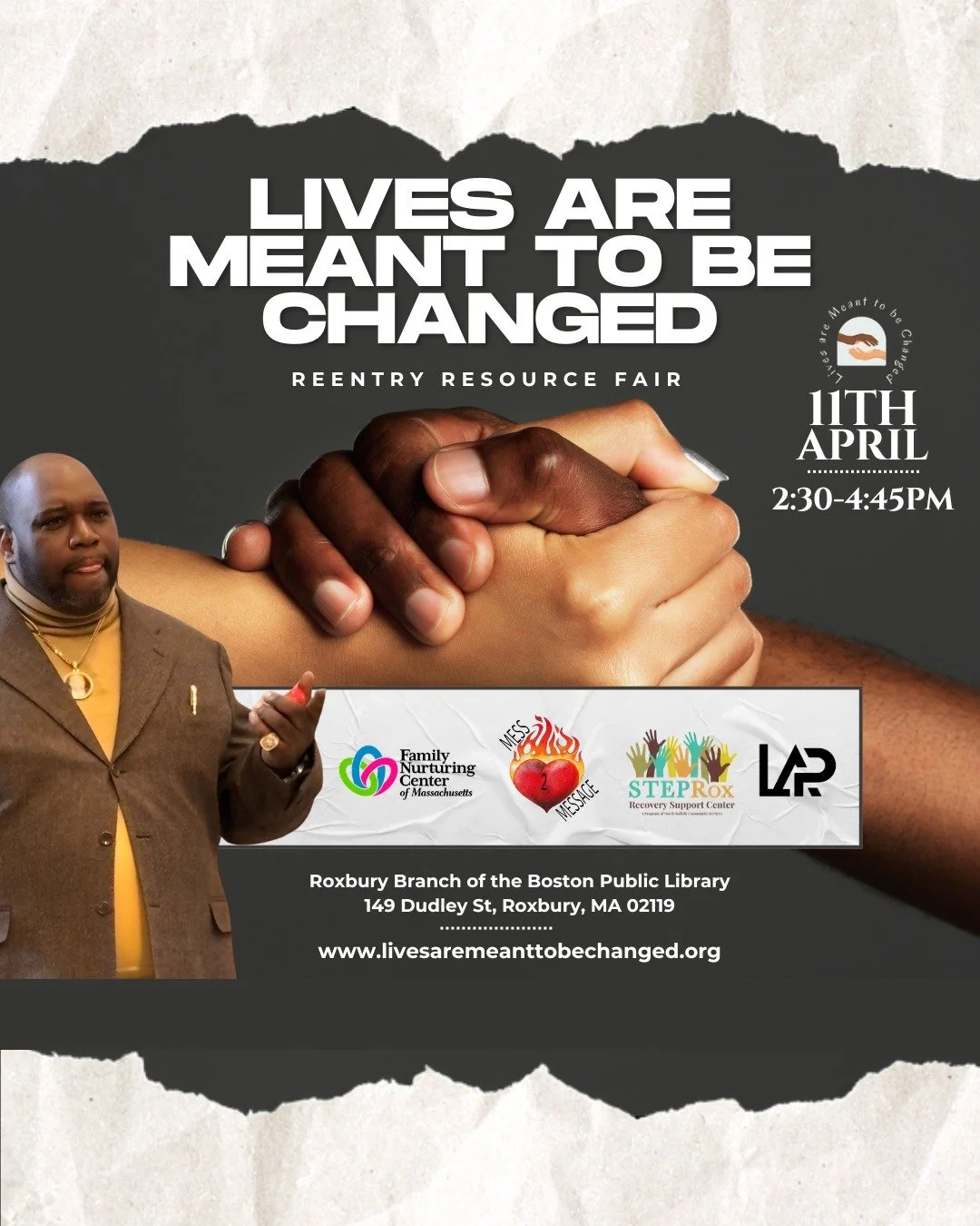 Reentry Resource Fair with our partner, Lives Are Meant to be Changed! Join for a powerful gathering dedicated to support and transformation 🙌 
📅 Saturday, April 11
🕙️ 2:30-4:45 pm 
📍 149 Dudley St, Roxbury, MA 02119
Roxbury Branch of the Boston 
