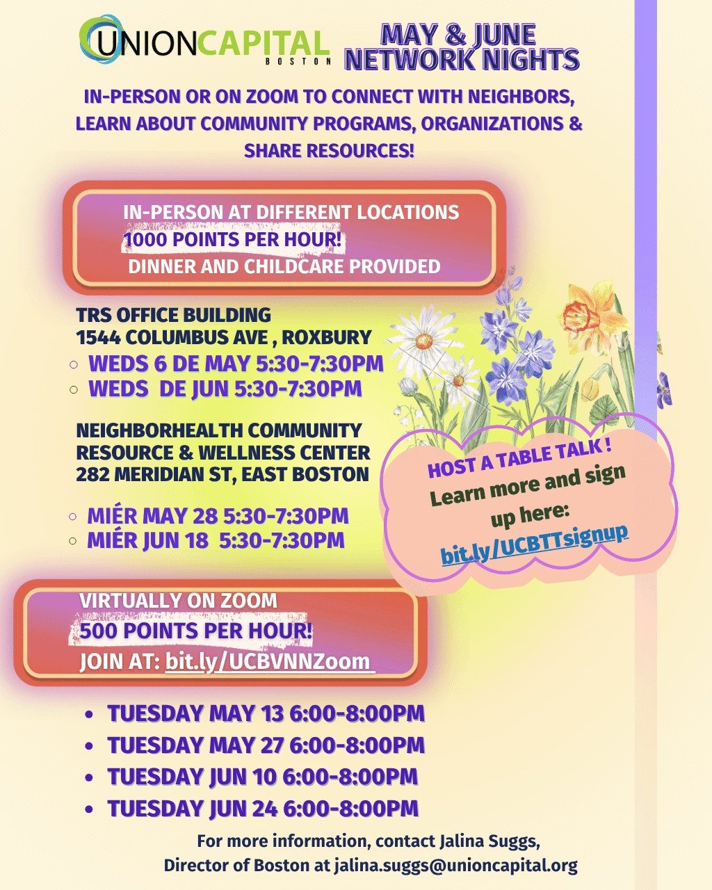 Here are our May and June Network Nights! ✨️ 

Join us in-person or on Zoom to connect with your community. Earn 1,000 points in person and 500 points virtually! 🫣 
Want to host a table talk? Follow this link: bit.ly/UCBTTsignup 

Contact Jalina Sug