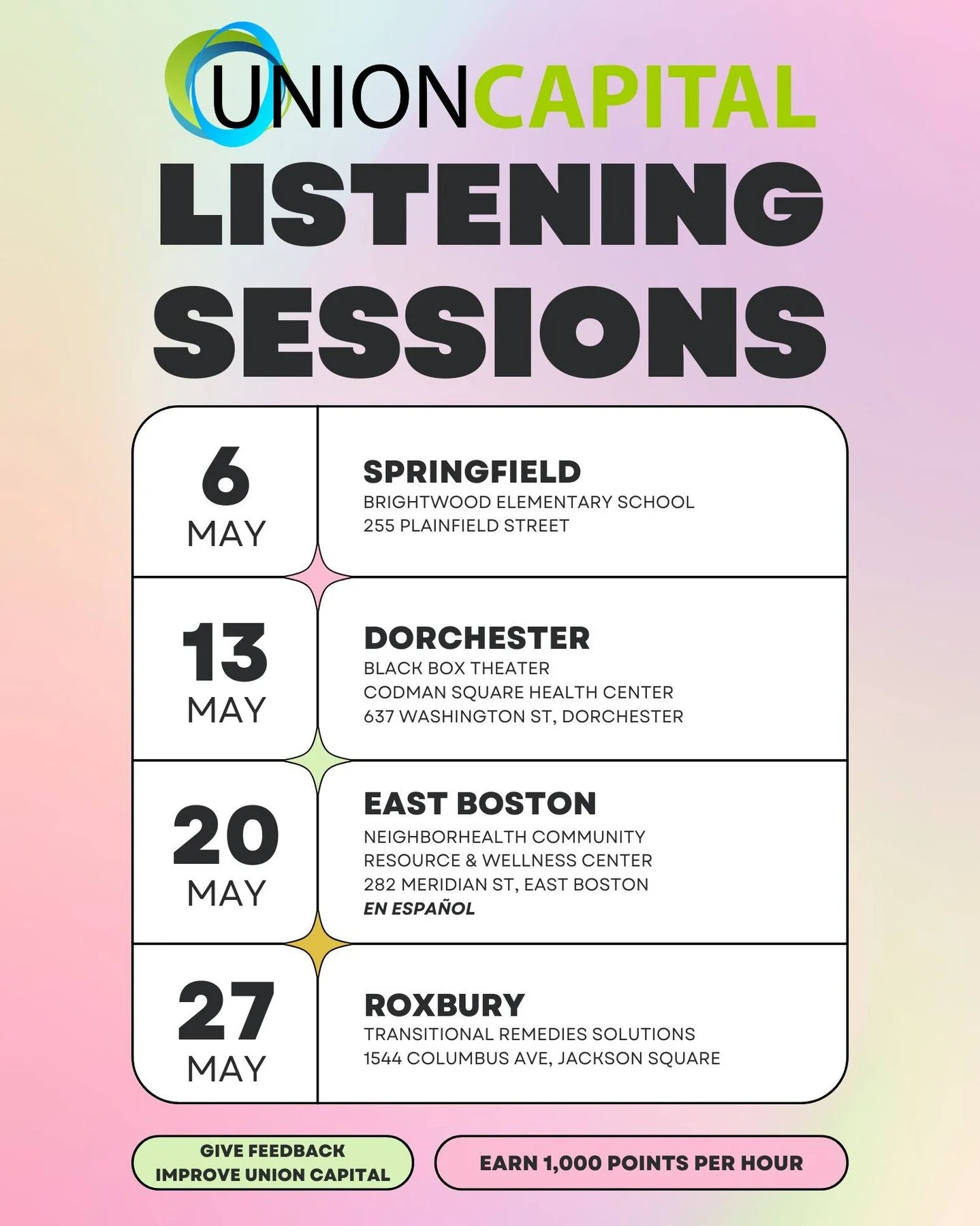 Our first May Listening Session is TOMORROW! Join us in Springfield to give feedback and also earn 1,000 points per hour! 👀 

We hope to see you there!

📅 Wednesday, May 6
📍 Brightwood Elementary School
255 Plainfield Street

#UnionCapital #Commun