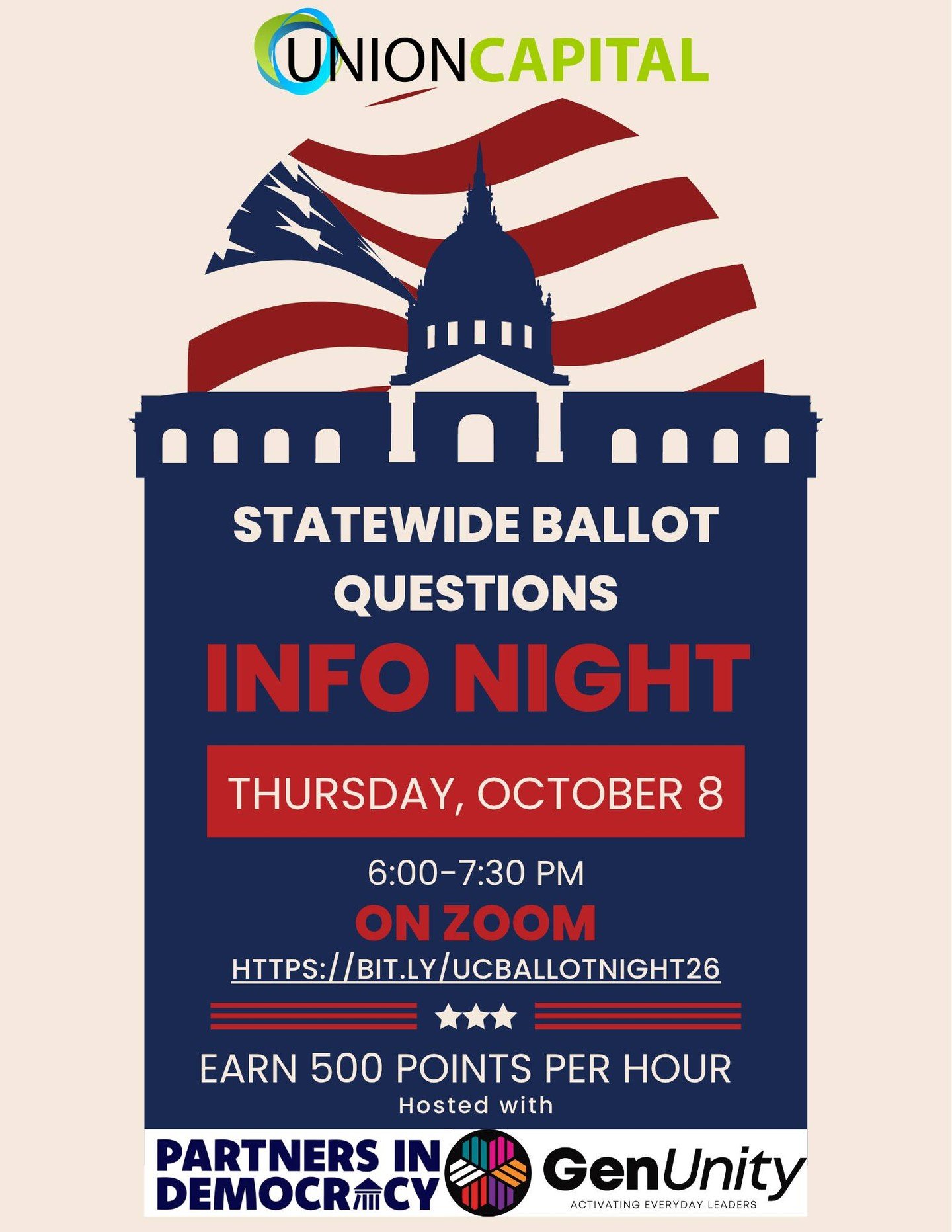 Join us Thursday, Oct 8 for a virtual statewide ballot-questions info night! 

Earn 500 points per hour, learn what&rsquo;s on the ballot, and more! 

#VoteReady #BallotQuestions #UnionCapital