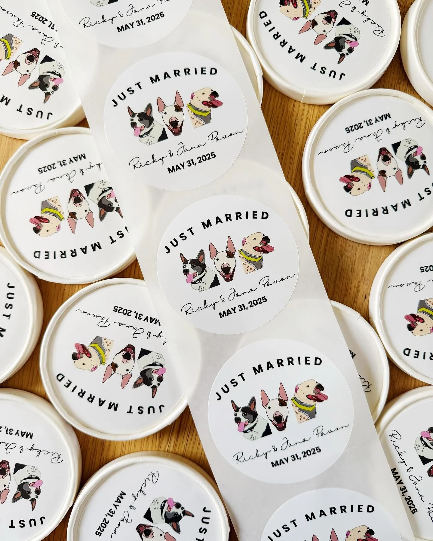 We had a wedding last month and designed personalized stickers to go on top of our mini tiramisu cups! Our daughter created the graphics of the couple&rsquo;s dogs, we added some text and then sent the image off to @makestickers (obvz) to print onto 