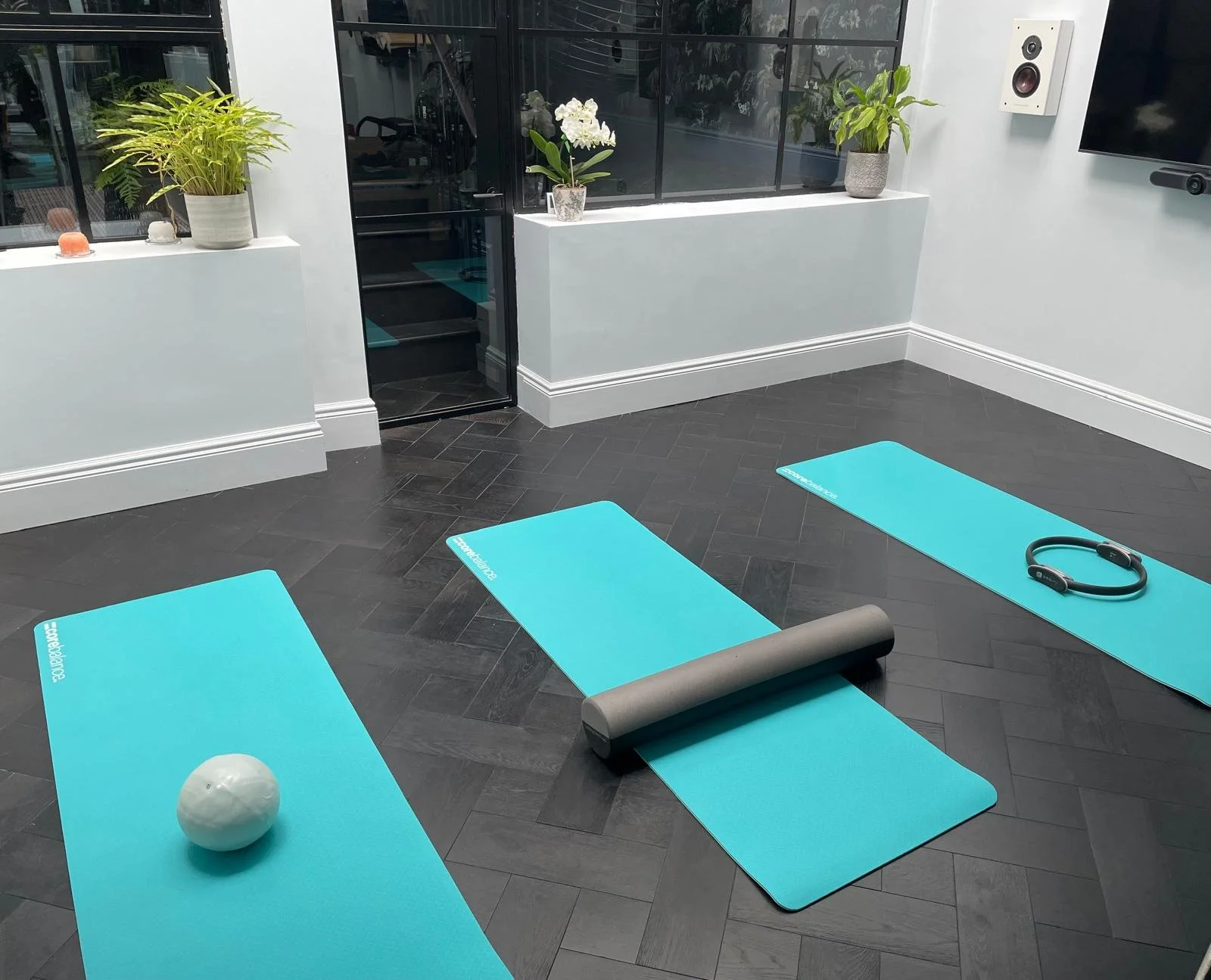 Home gym with yoga mats, foam roller, Pilates ring, and exercise ball.