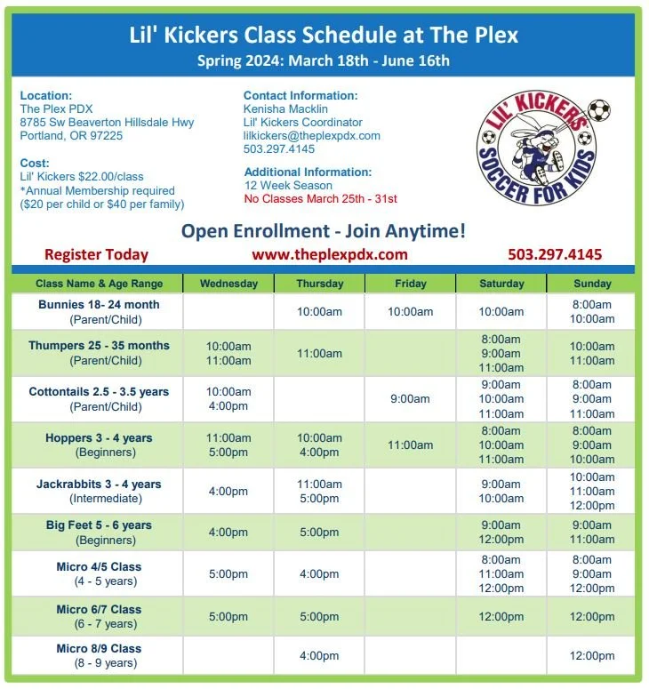 The Plex Schedule — Lil' Kickers Portland