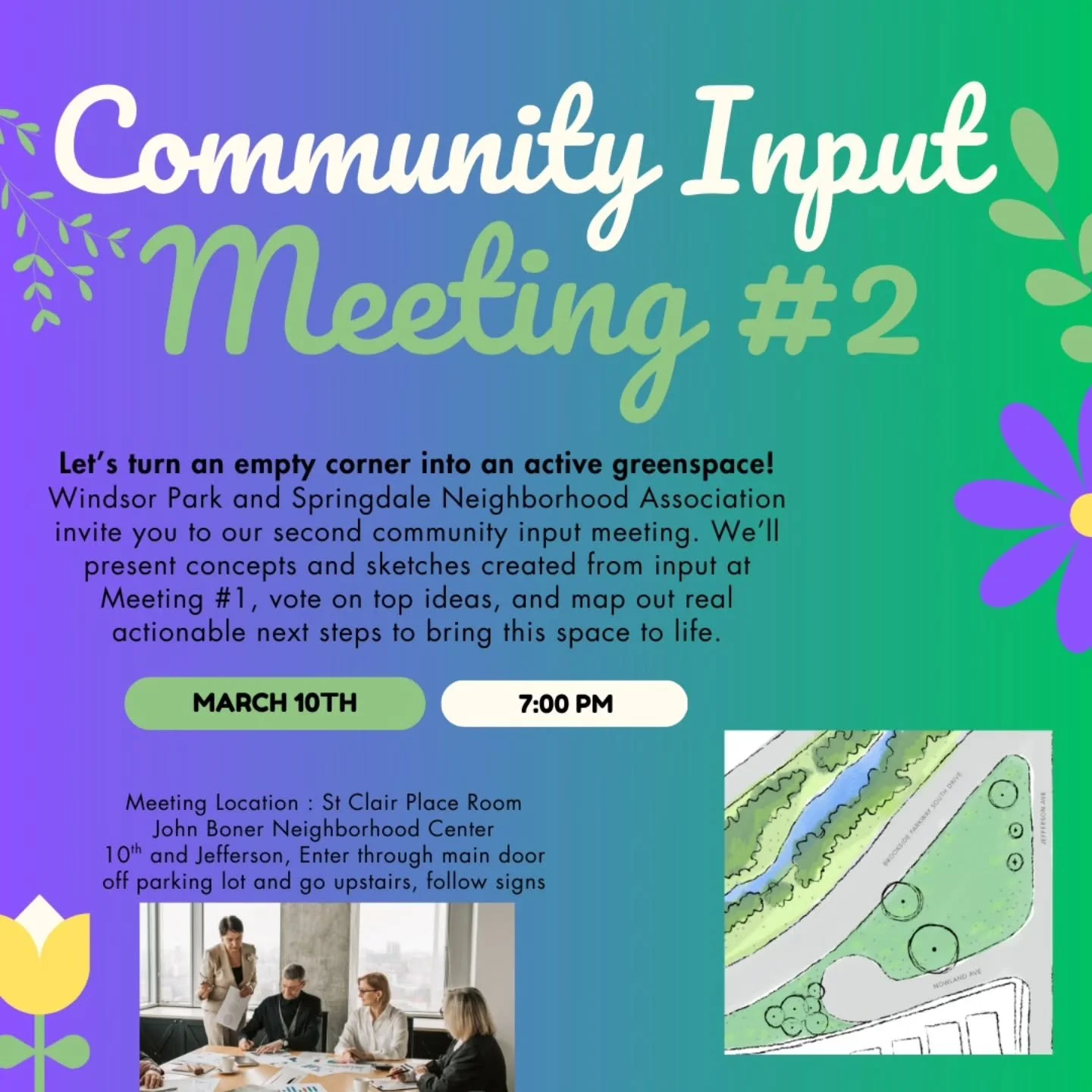 Thank you for attending our first community input meeting and being invested in expanding upon a green space in our community!

This next meeting will be a presentation of Concept Development from Meeeting #1 with the focus on continuing Design Devel