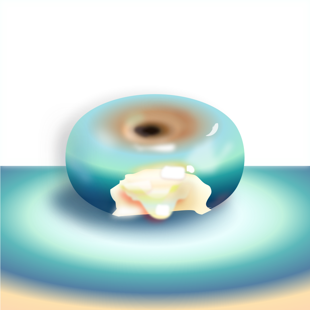 A close-up of a water droplet on a surface, showing a distorted reflection of a landscape with mountains and sky inside the droplet.