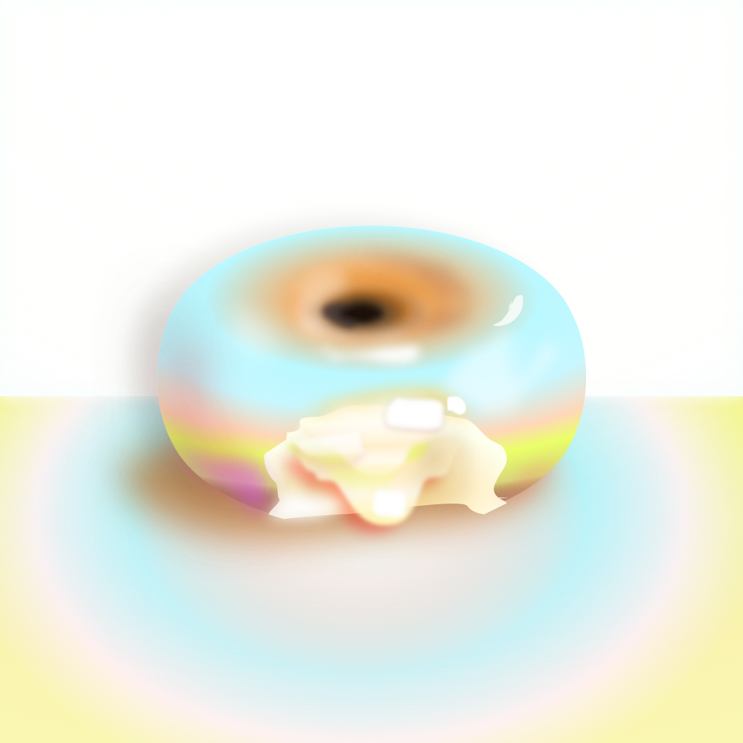 Blurred image of a donut with light-colored icing on a white background.