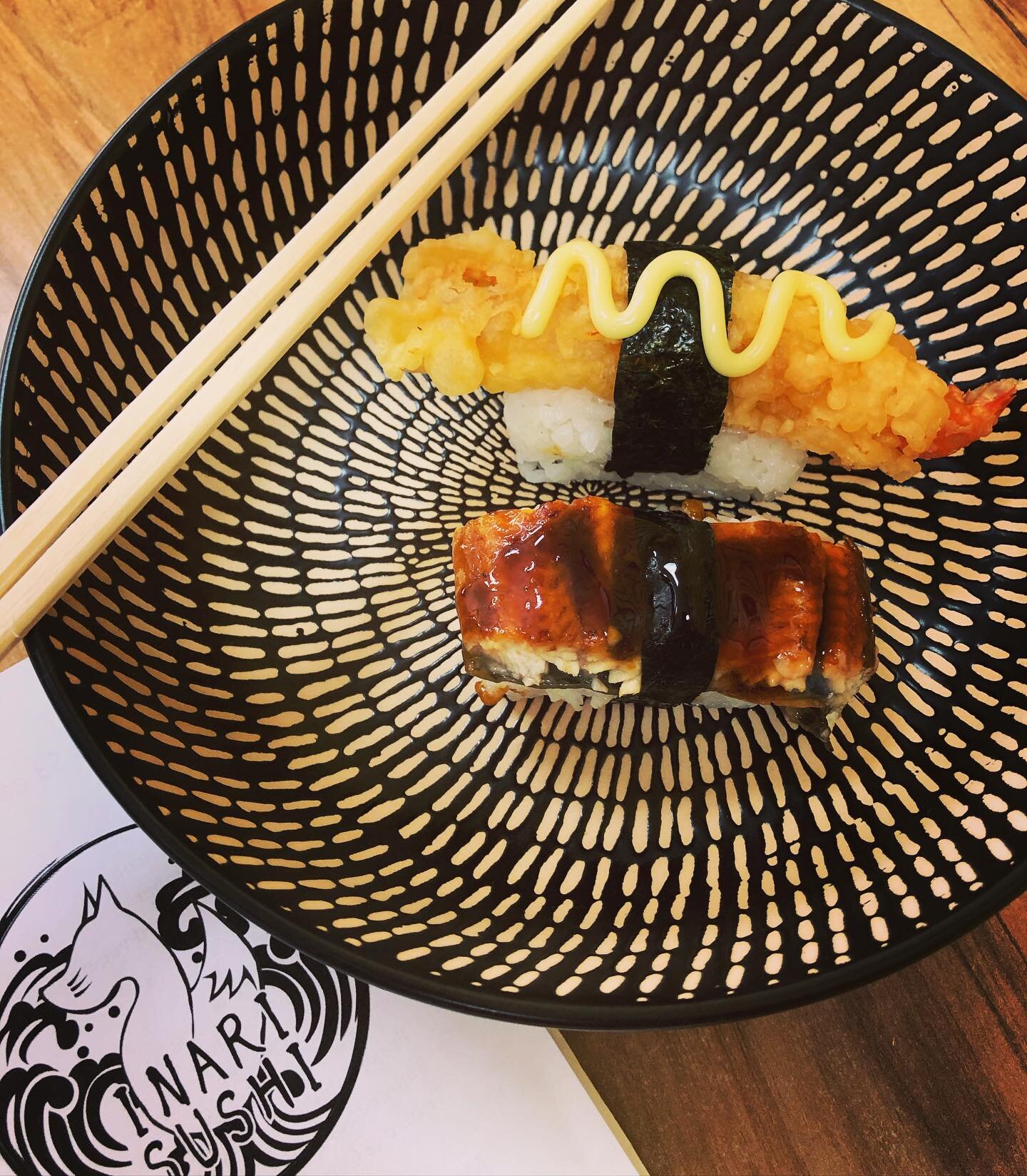 Panko Ebi &amp; Unagi Nigiri together at last. That&rsquo;s prawn &amp; eel for ya mate! @inarisushiseymour #nigiri #sushi #seymourvictoria #discovermitchell #goseymour