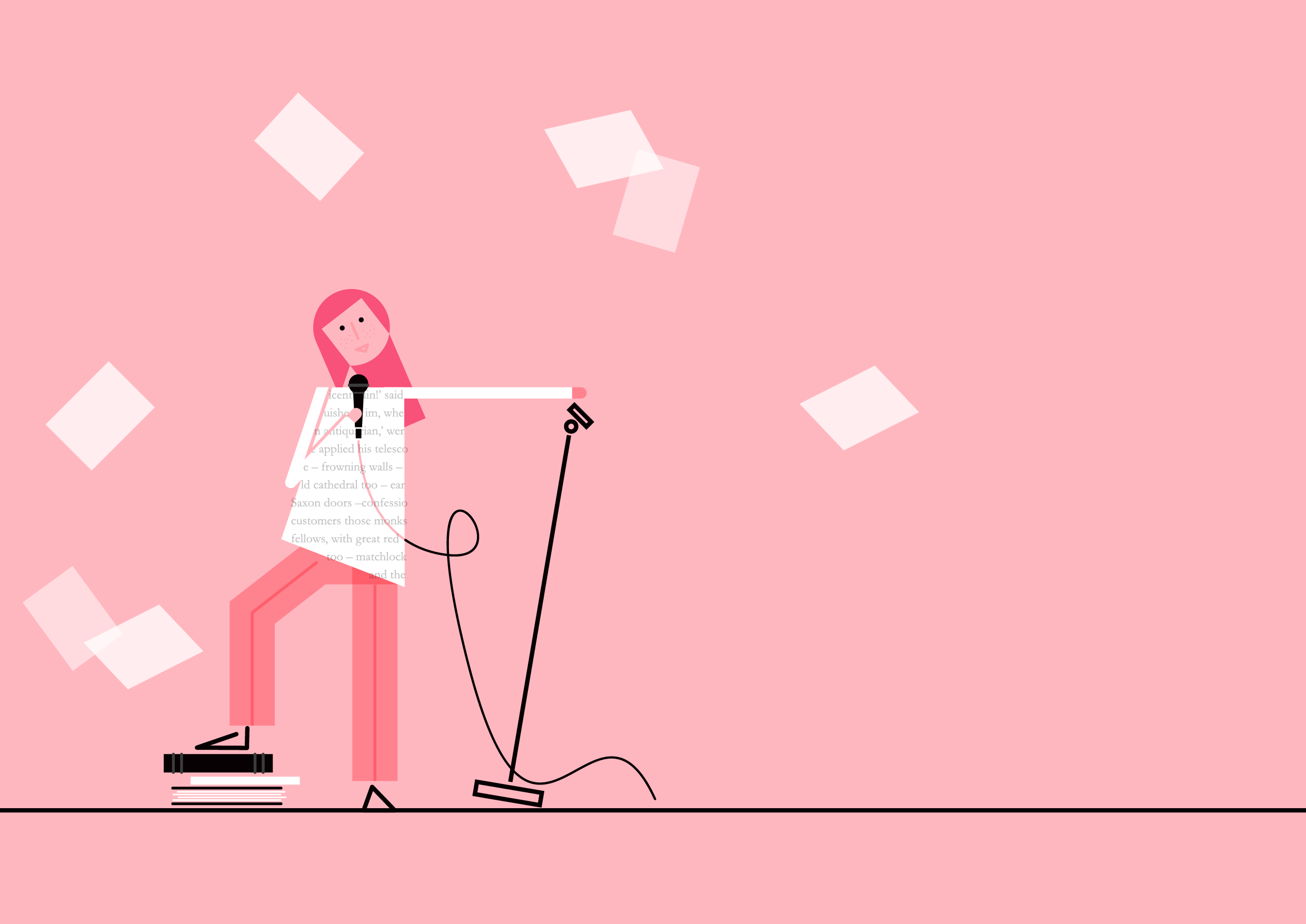 A pink background with a minimalist illustration of a woman with pink hair holding a microphone. There are abstract white and pink floating shapes.
