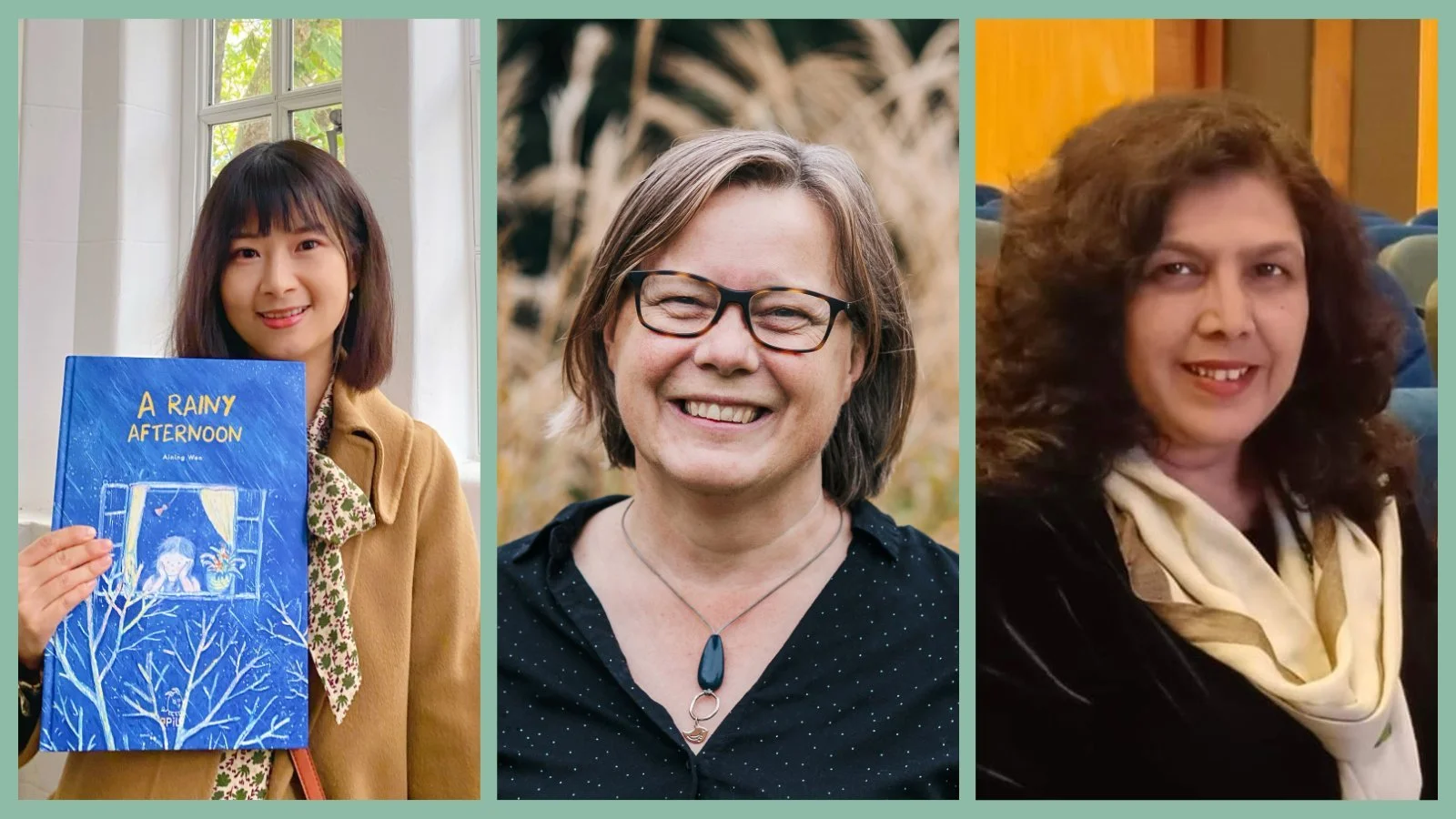Headshots of writers Aining Wen, Judith Rossell, and Manjiri Prabhu