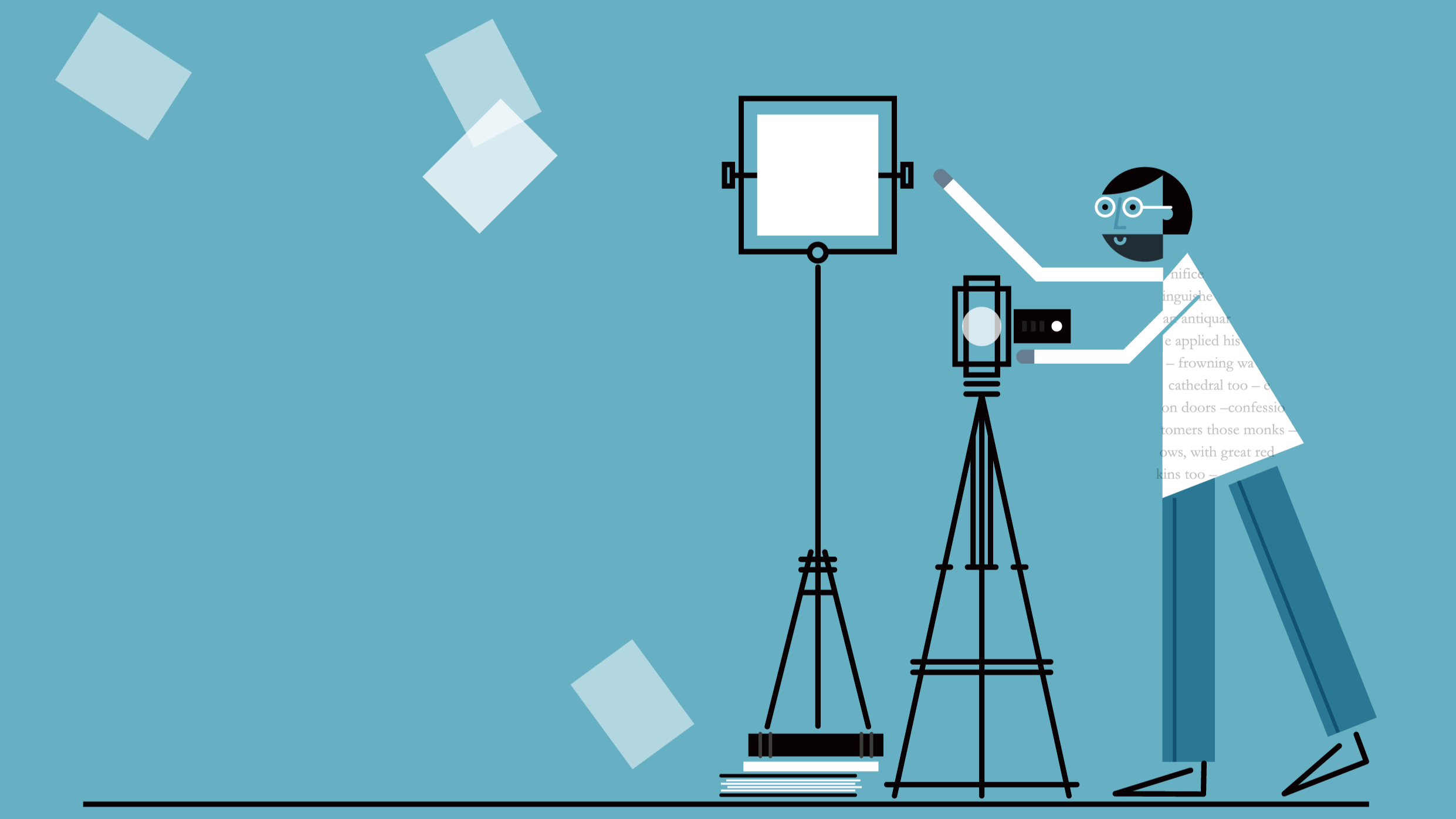 Illustration of a person with glasses taking photos in a studio setup, with a camera on a tripod, a light with a diffuser, and papers flying in the air, all against a blue background.