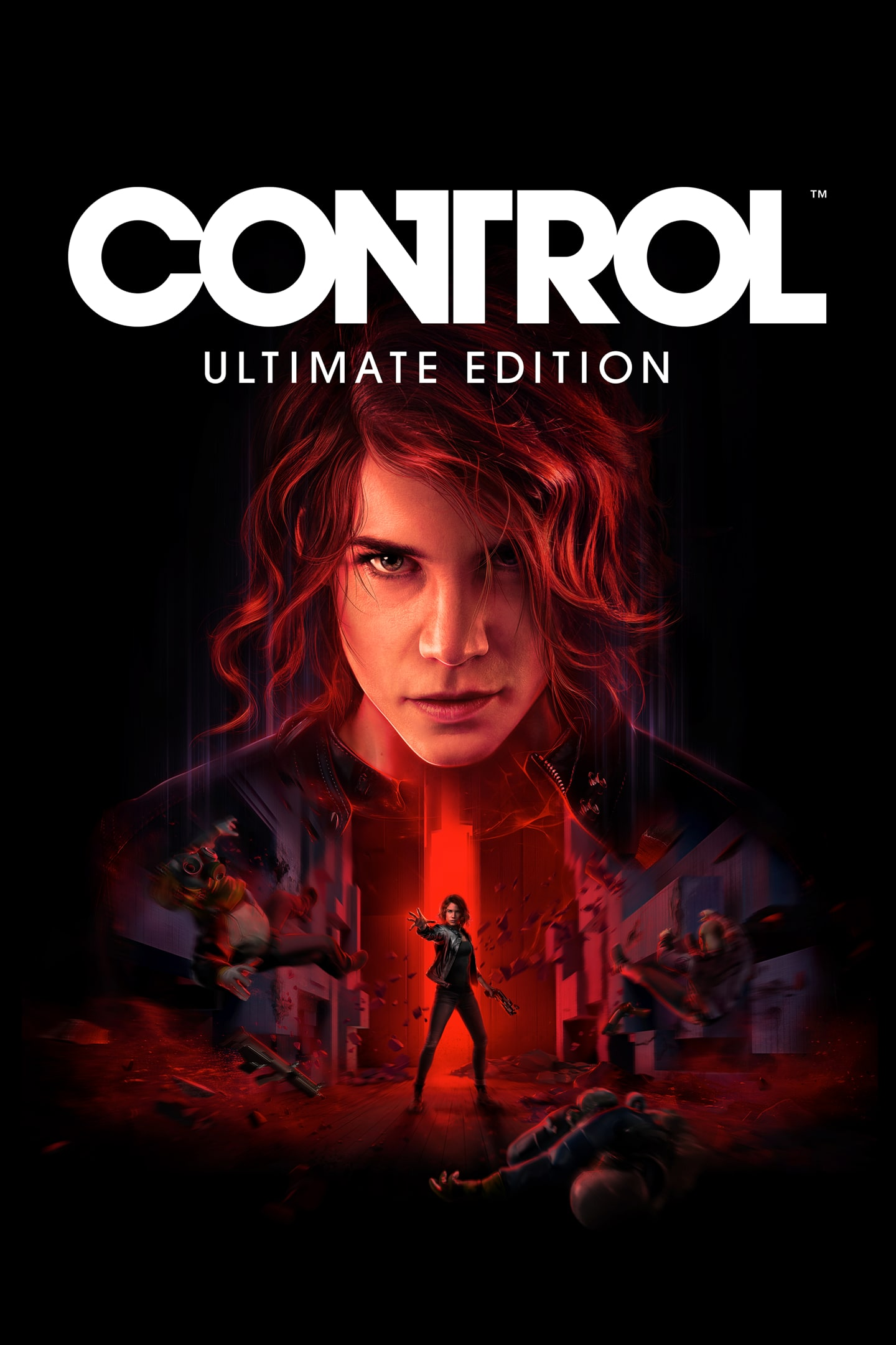 Cover art for CONTROL video game featuring a woman telekinetically pushing two individuals away.