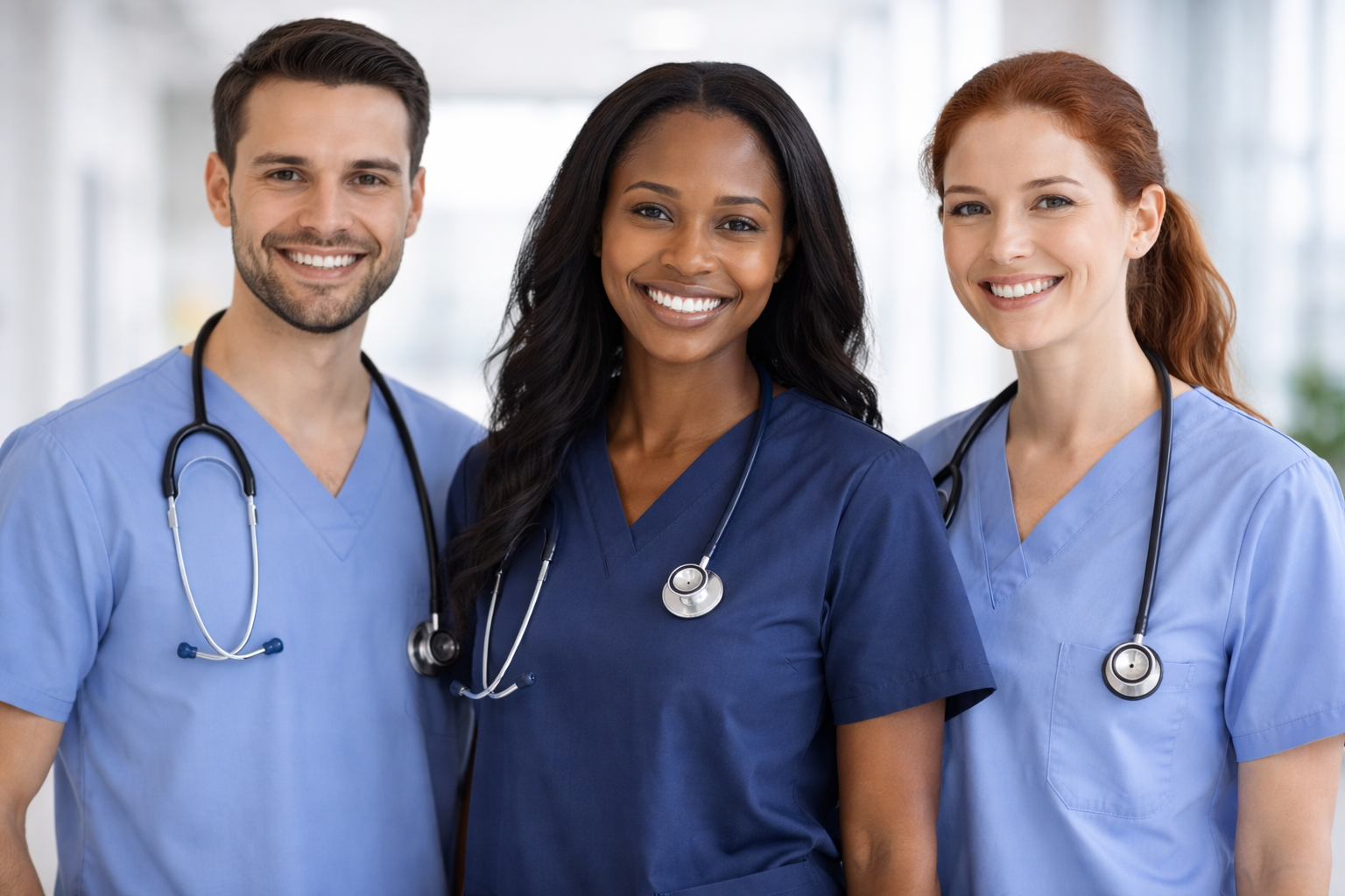 Three healthcare professionals wearing scrubs and stethoscopes.