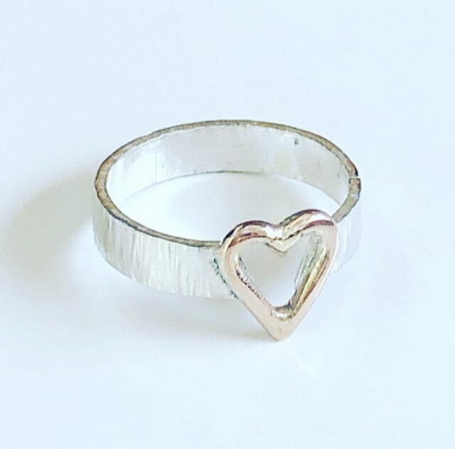 Hand-made silver ring with rose gold heart - wide band — Vivienne Cate